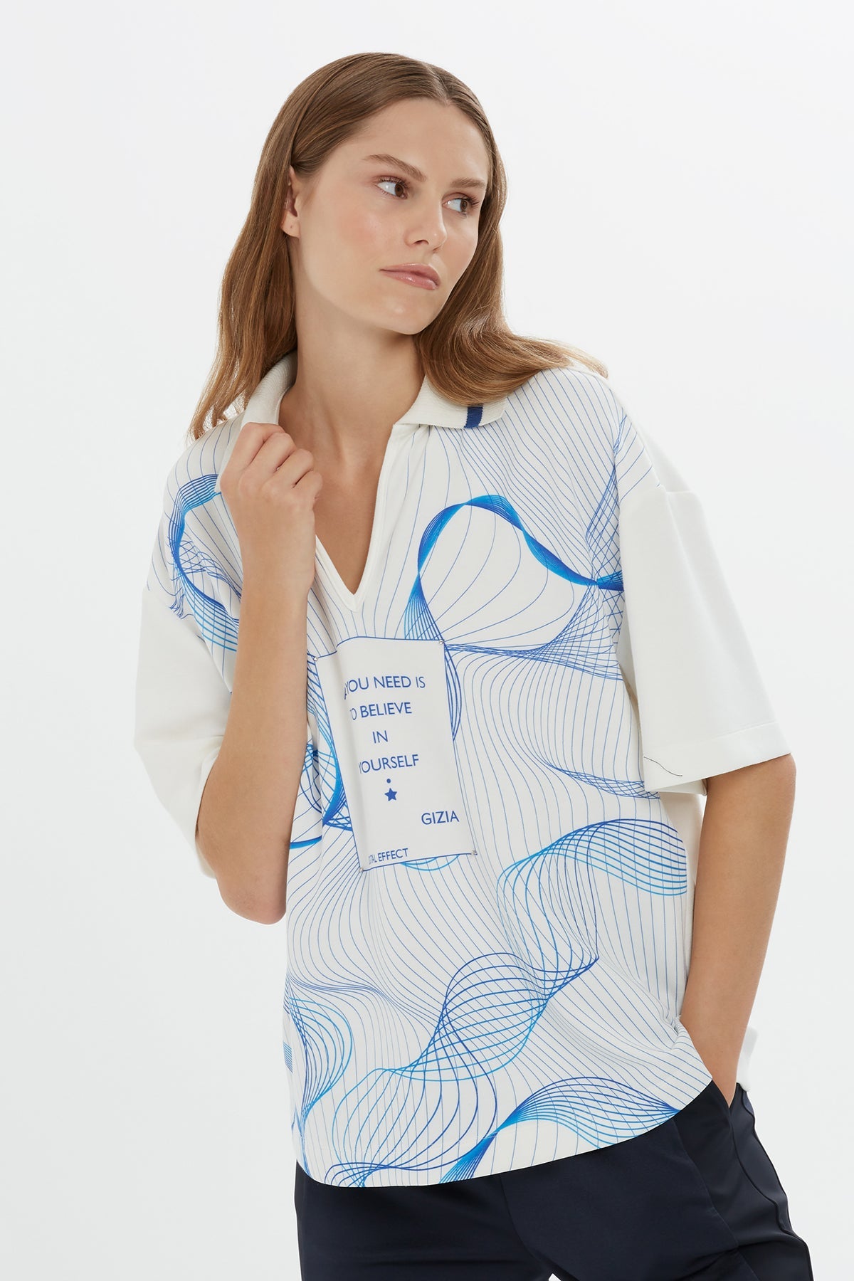 Ecru Graphic Print V Neck T-shirt