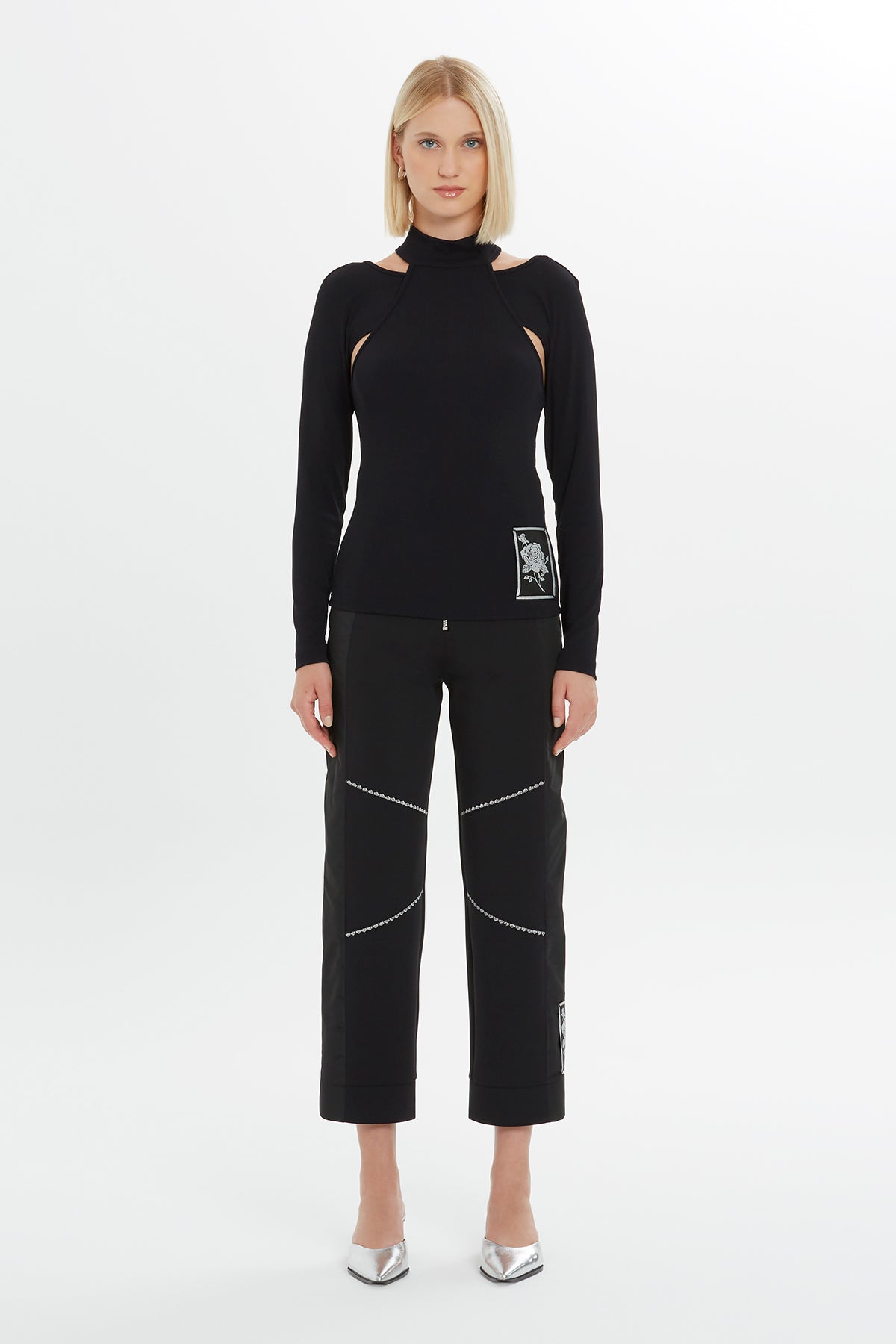 Black Rose Print Long-Sleeve Blouse