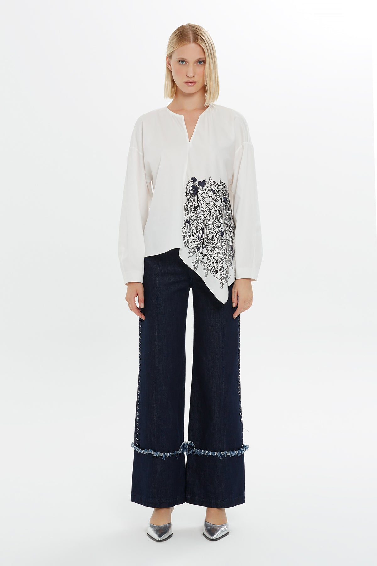 Ecru Embroidered Chain-Stitch V-Neck Blouse