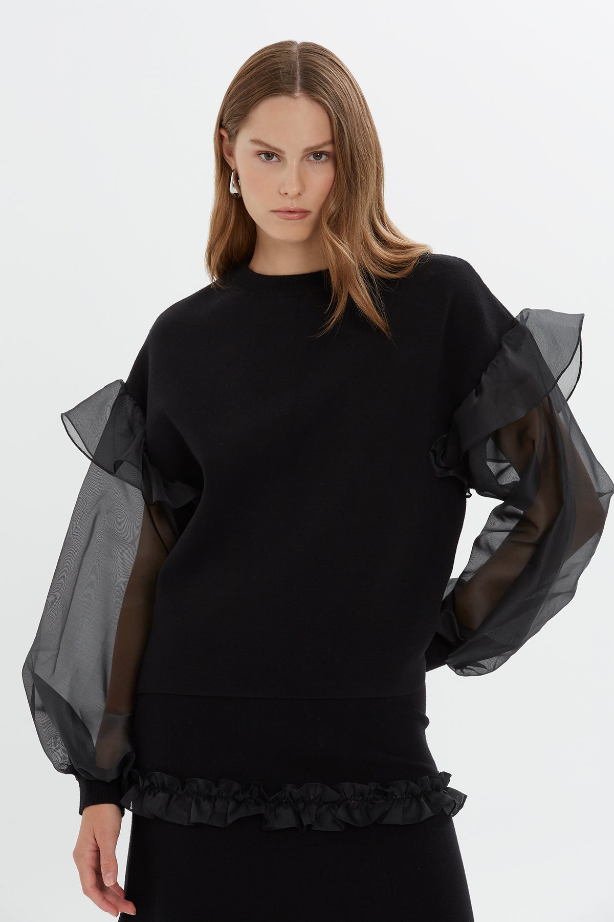 Black Organza Sleeve Knit Blouse