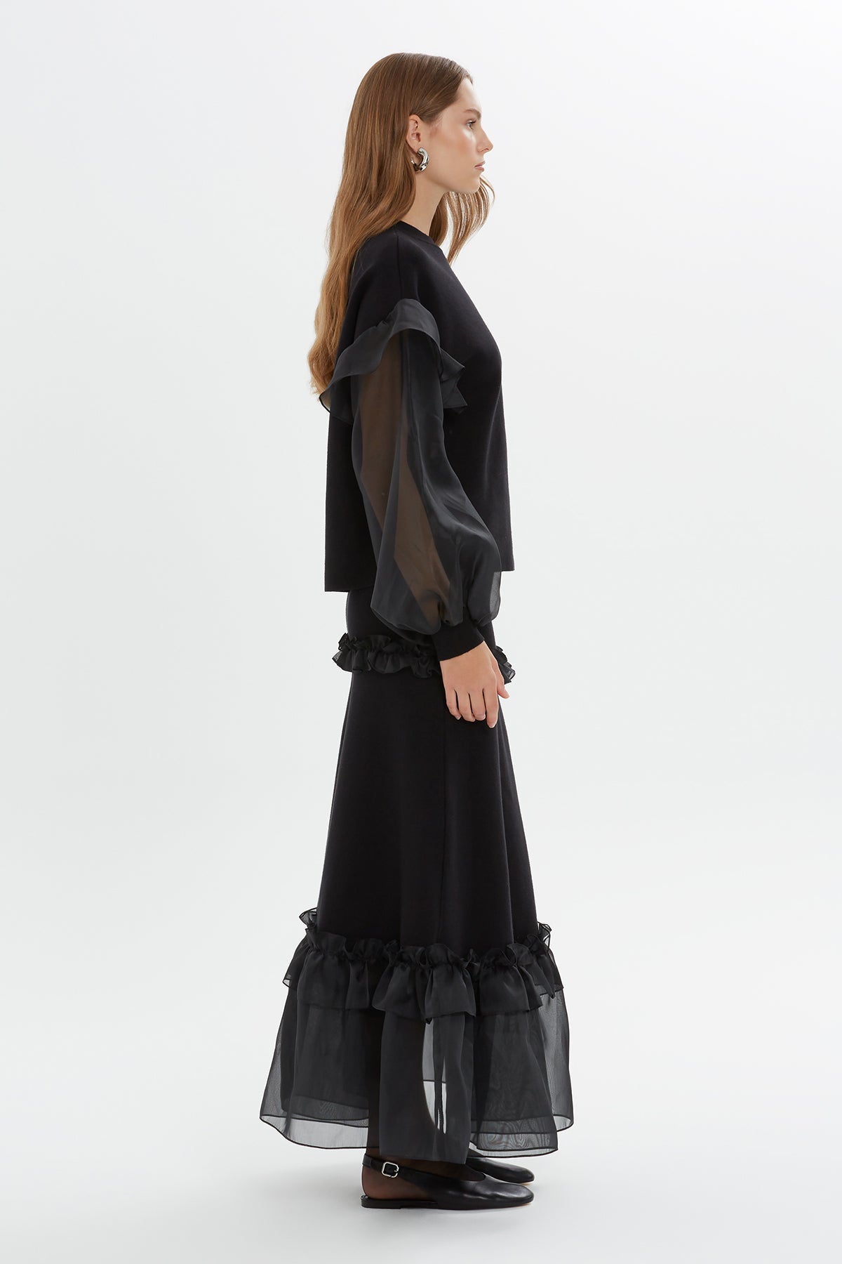 Black Organza Sleeve Knit Blouse