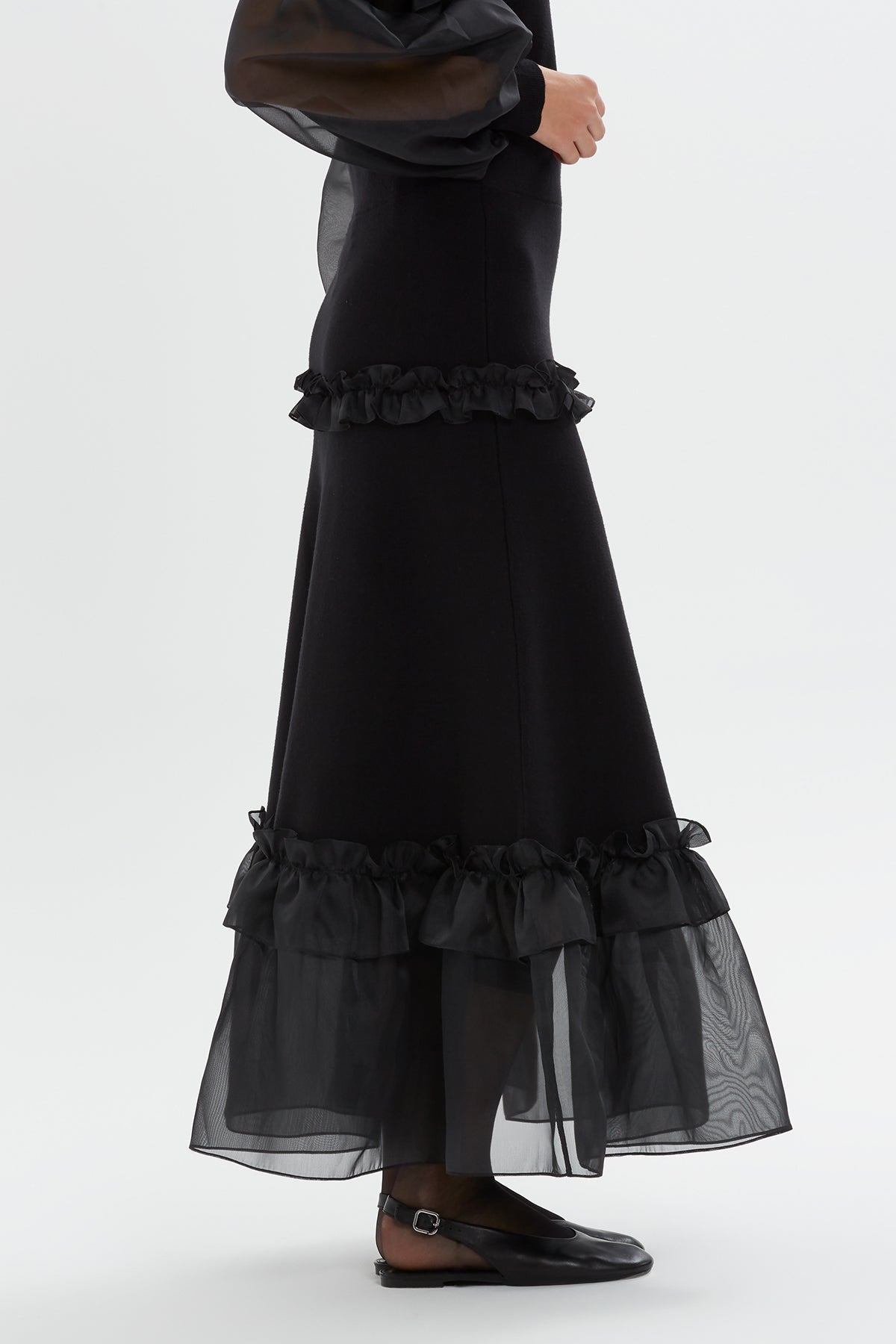 Black Ruffled Knit Maxi Skirt