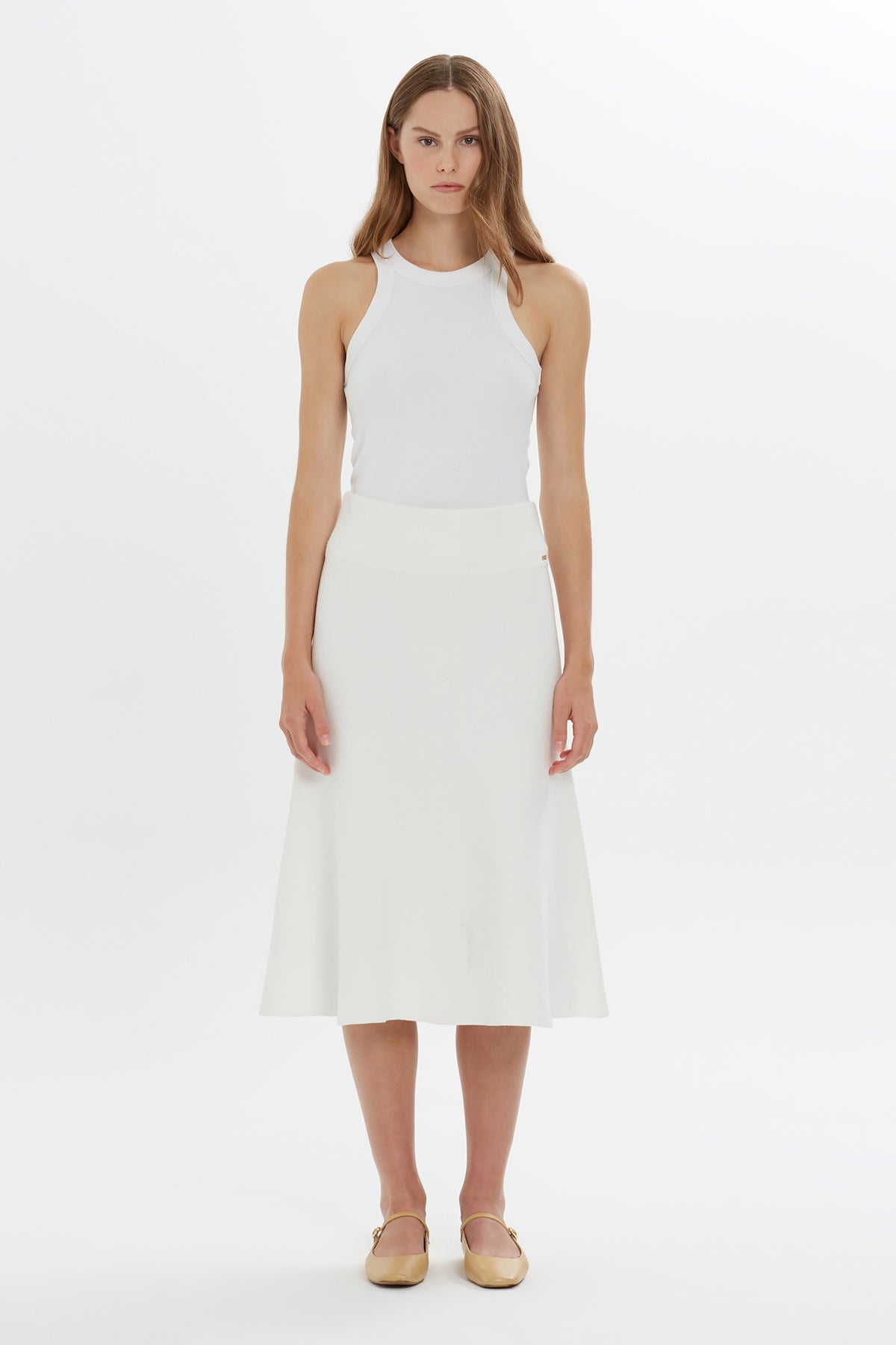 Ecru High-Waist Midi Skirt