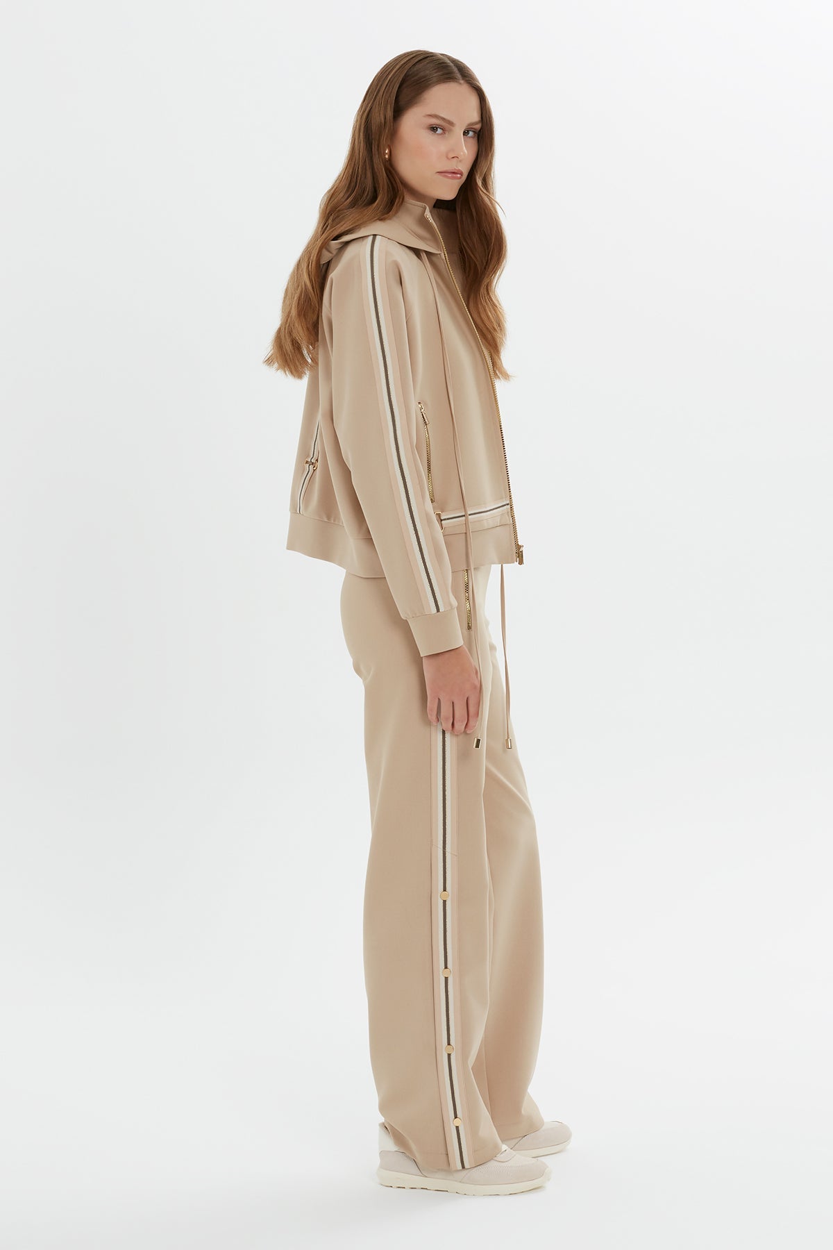 Beige Zip-Up Hooded Sweatshirt