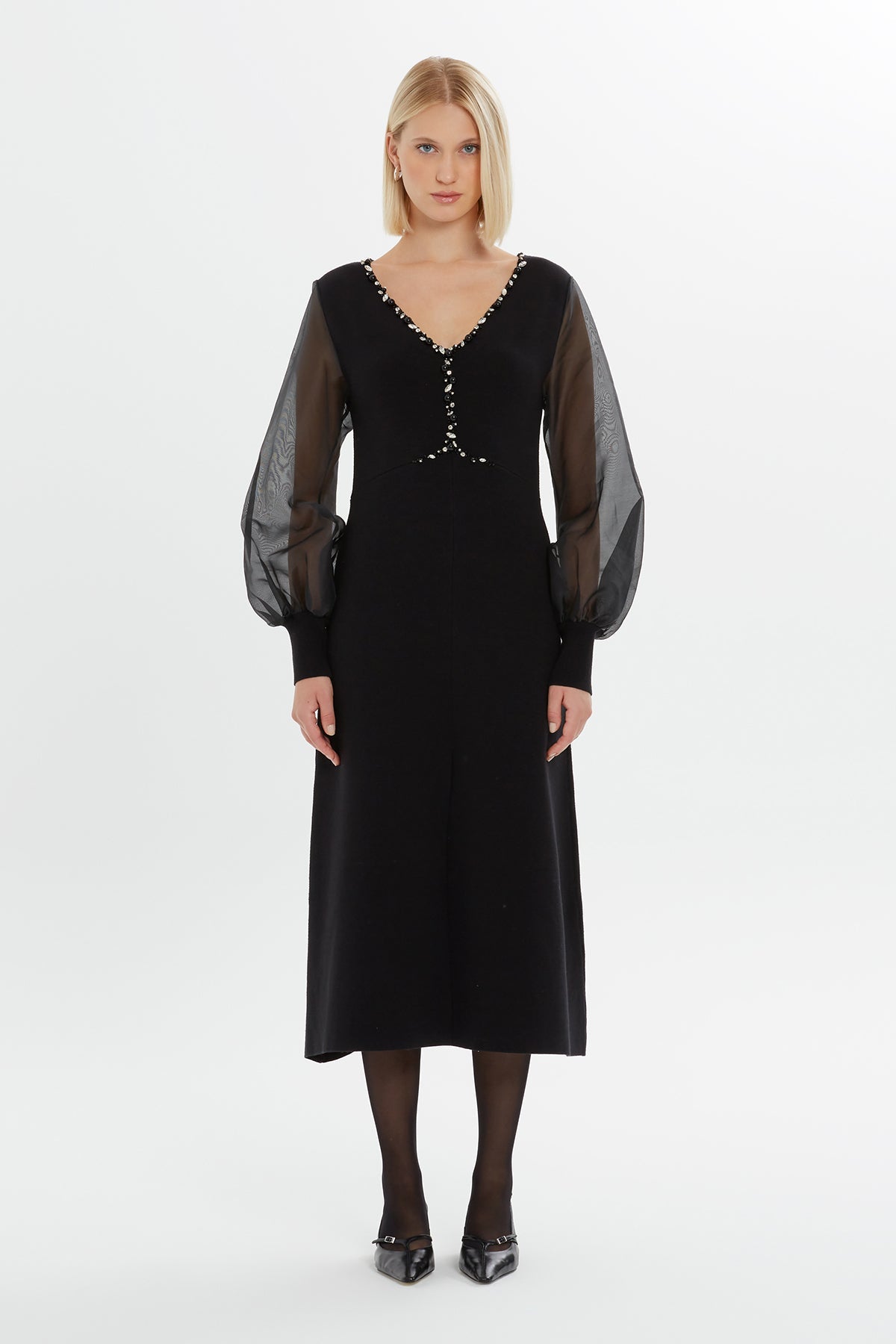 Black Embroidered-Collar Slit Midi Dress