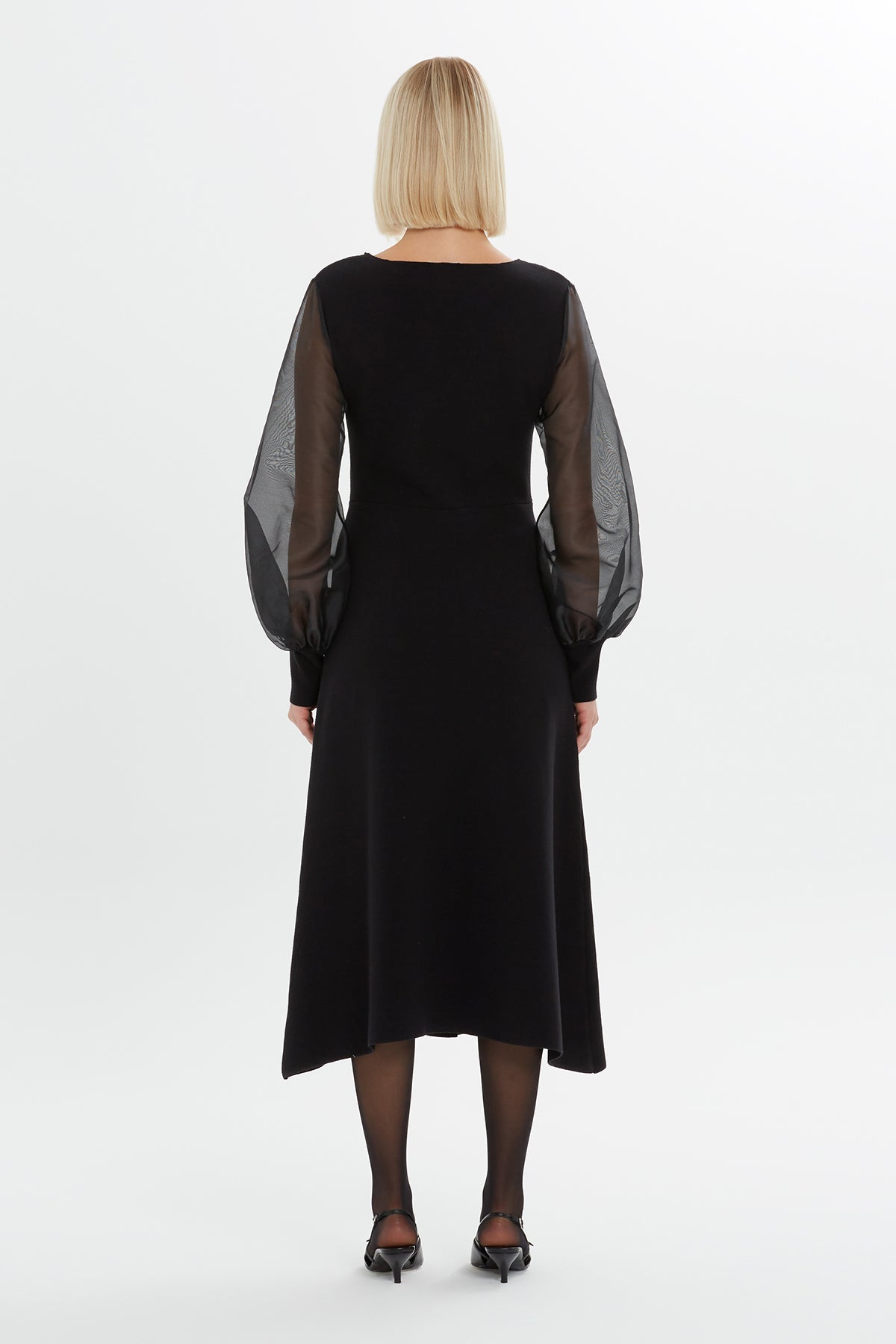 Black Embroidered-Collar Slit Midi Dress