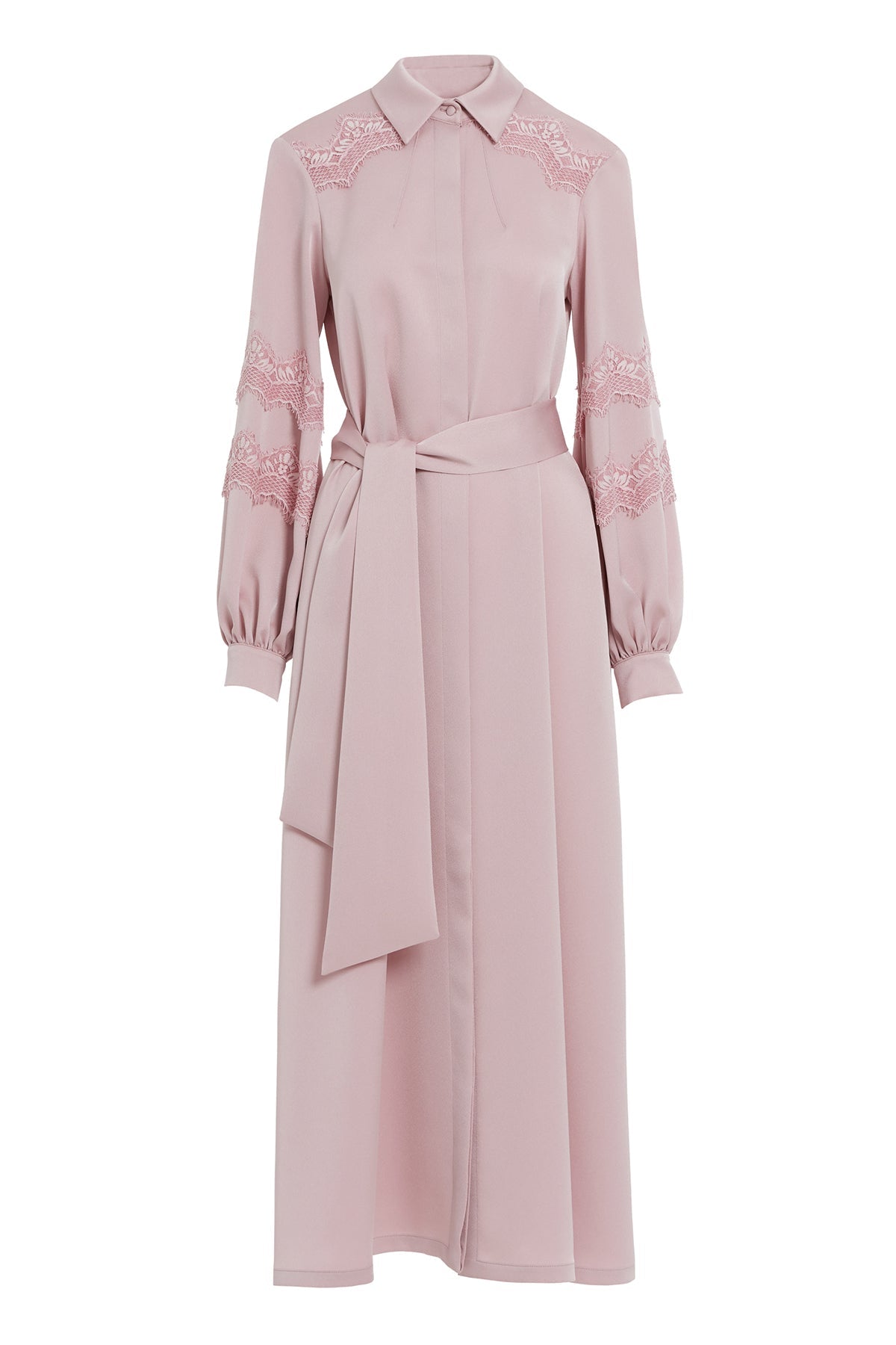 Pink Lace Sash-Detail Midi Dress