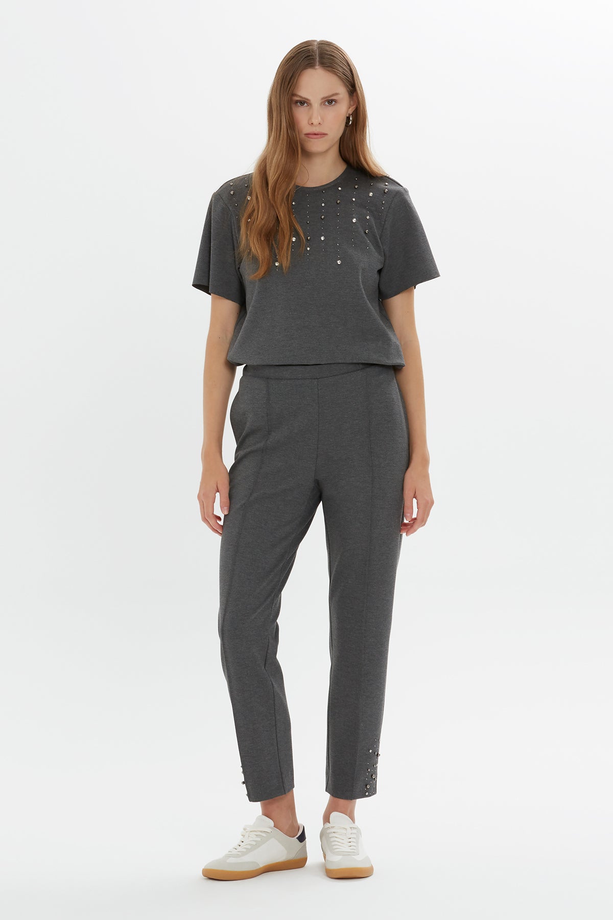 Grey Embroidered-Hem Sweatpants