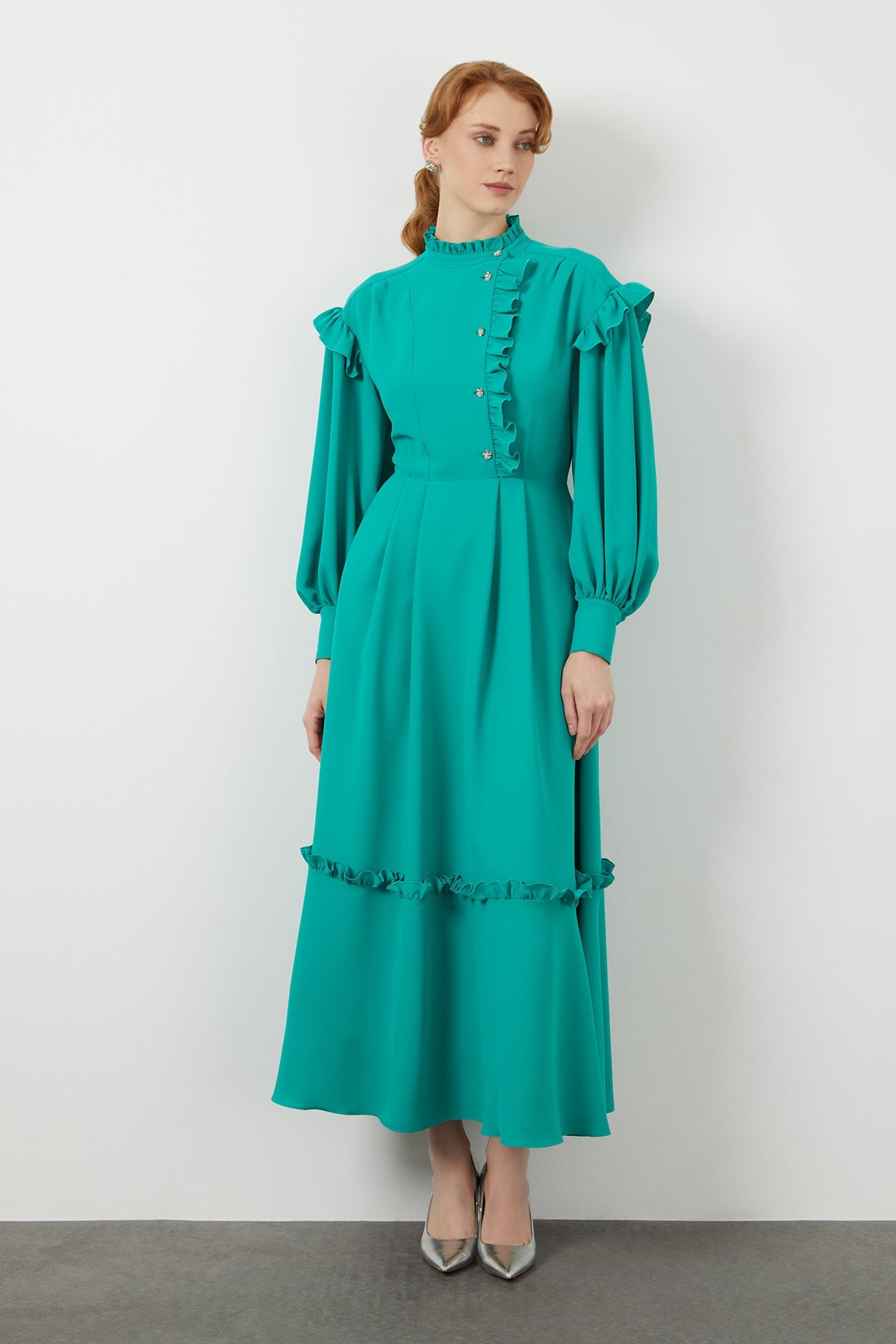 Green Ruffle-Detail Midi Dress