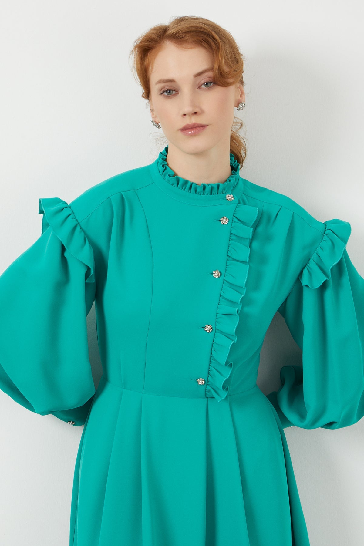 Green Ruffle-Detail Midi Dress