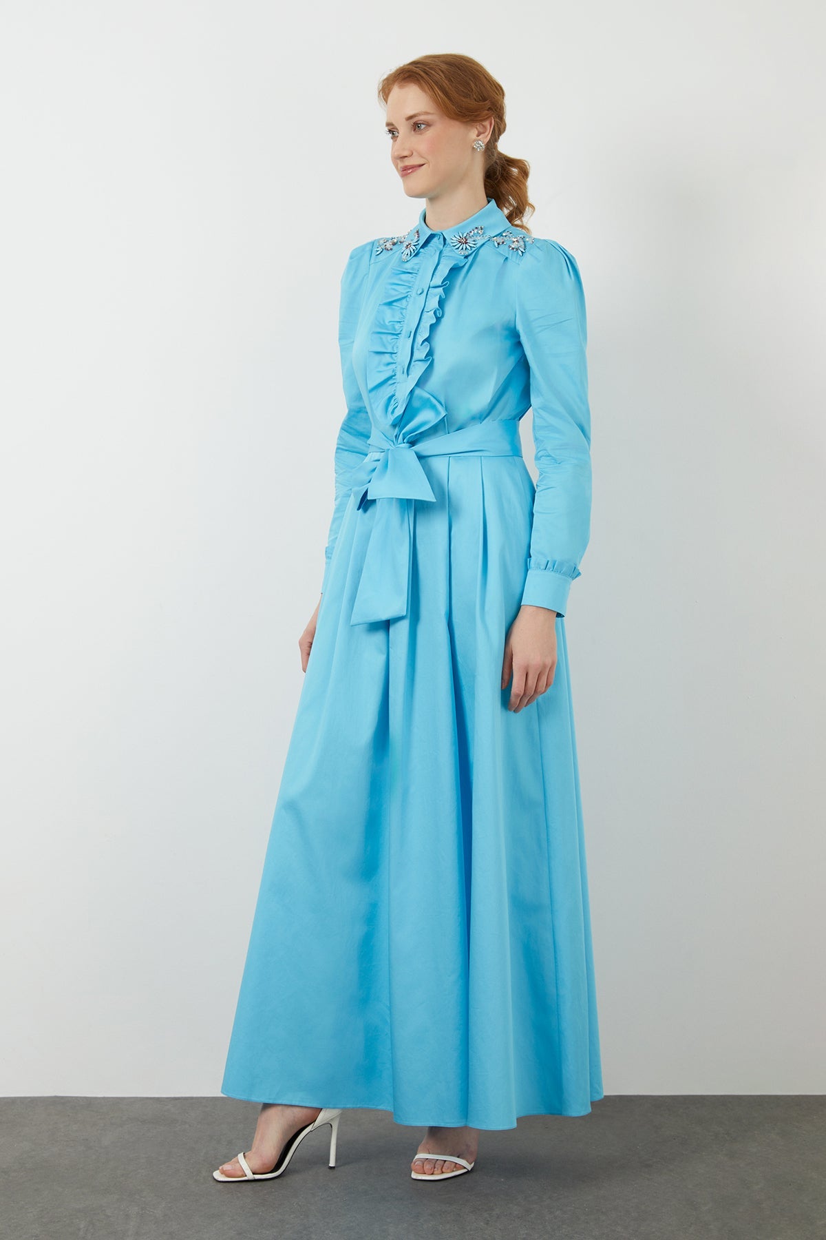 Blue Embroidered-Collar Maxi Dress