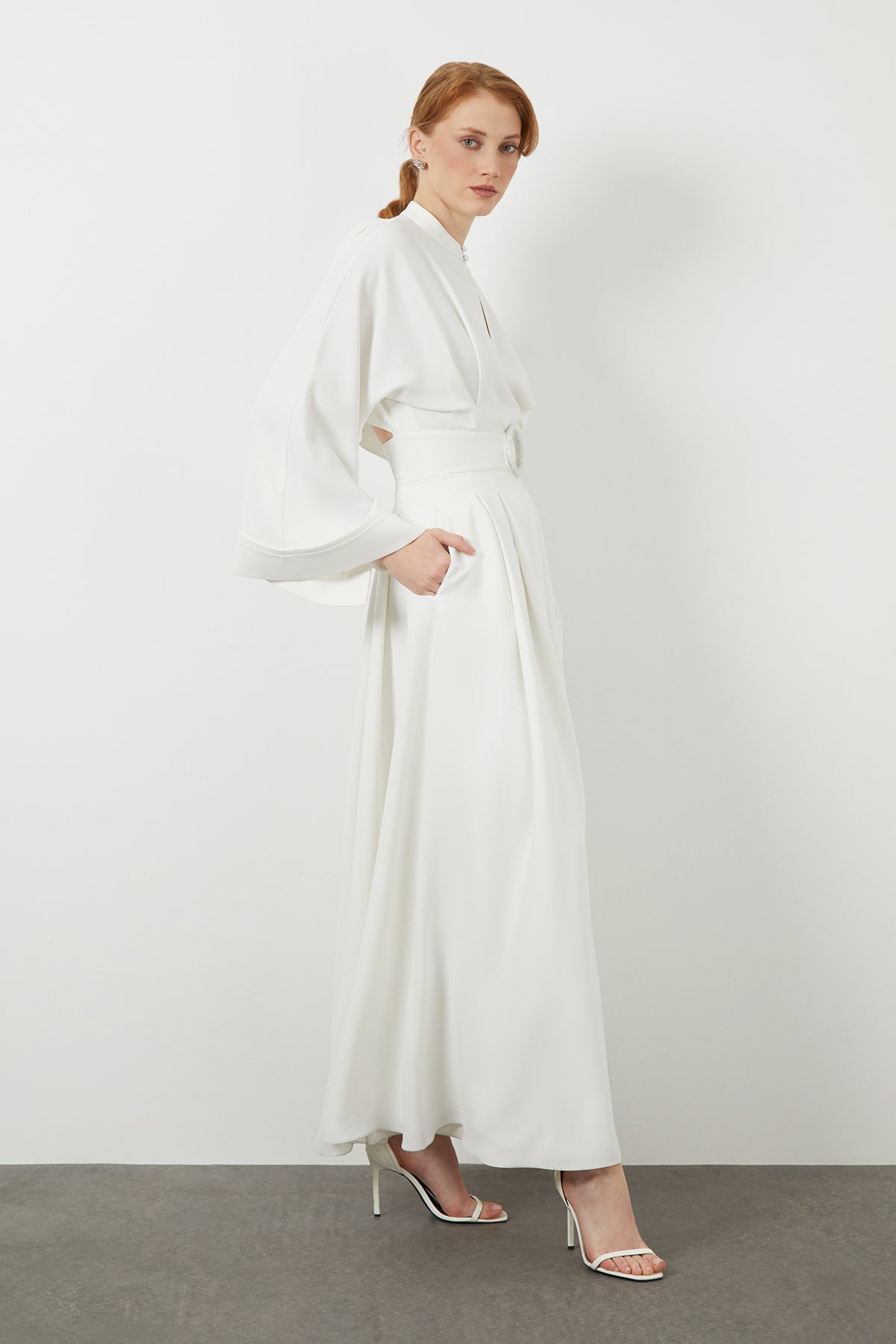 Ecru Belted Long-Sleeve Maxi Dress