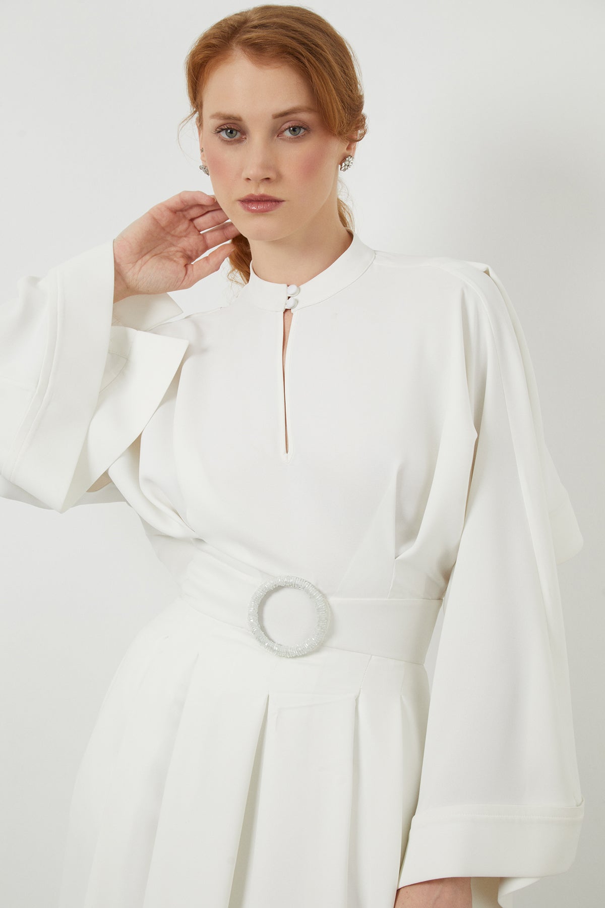 Ecru Belted Long-Sleeve Maxi Dress