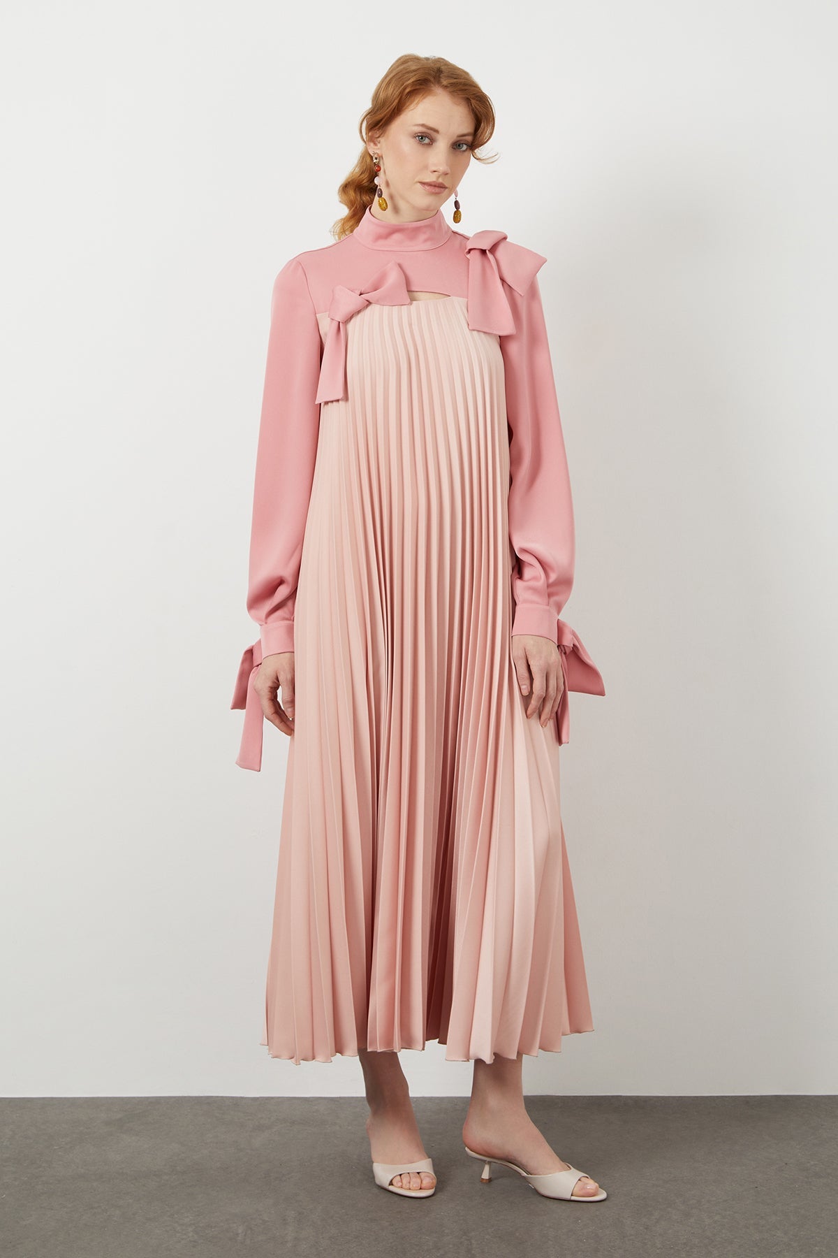 Pink Bow-Detail Pleated Midi Dress