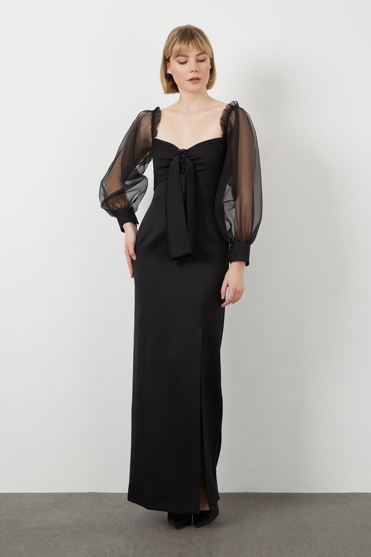 Black Tulle-Sleeve Detail Maxi Dress