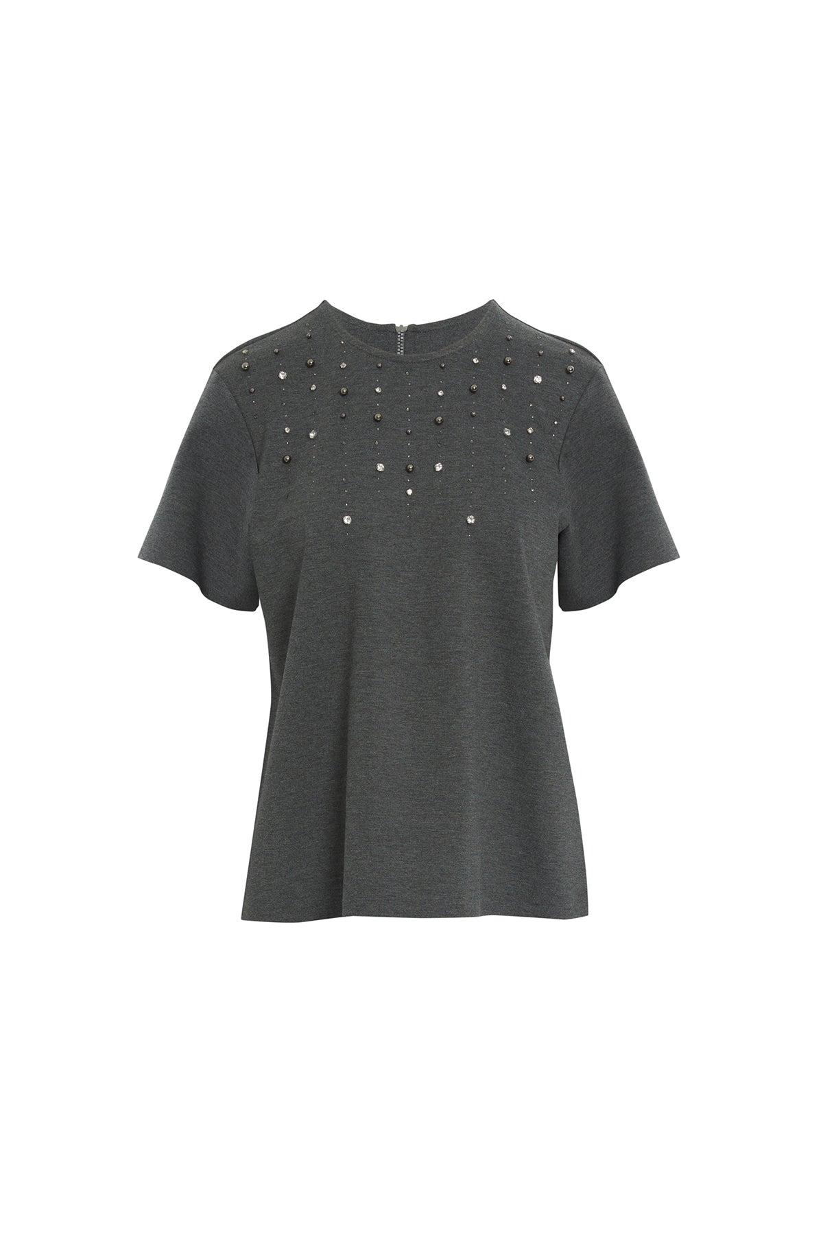 Grey Beaded Embroidered T-Shirt