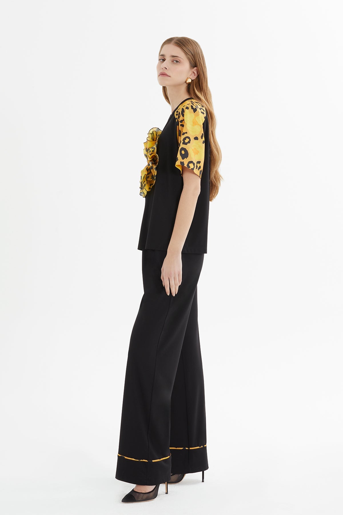 Black Patterned Ruffle-Detail Tracksuit