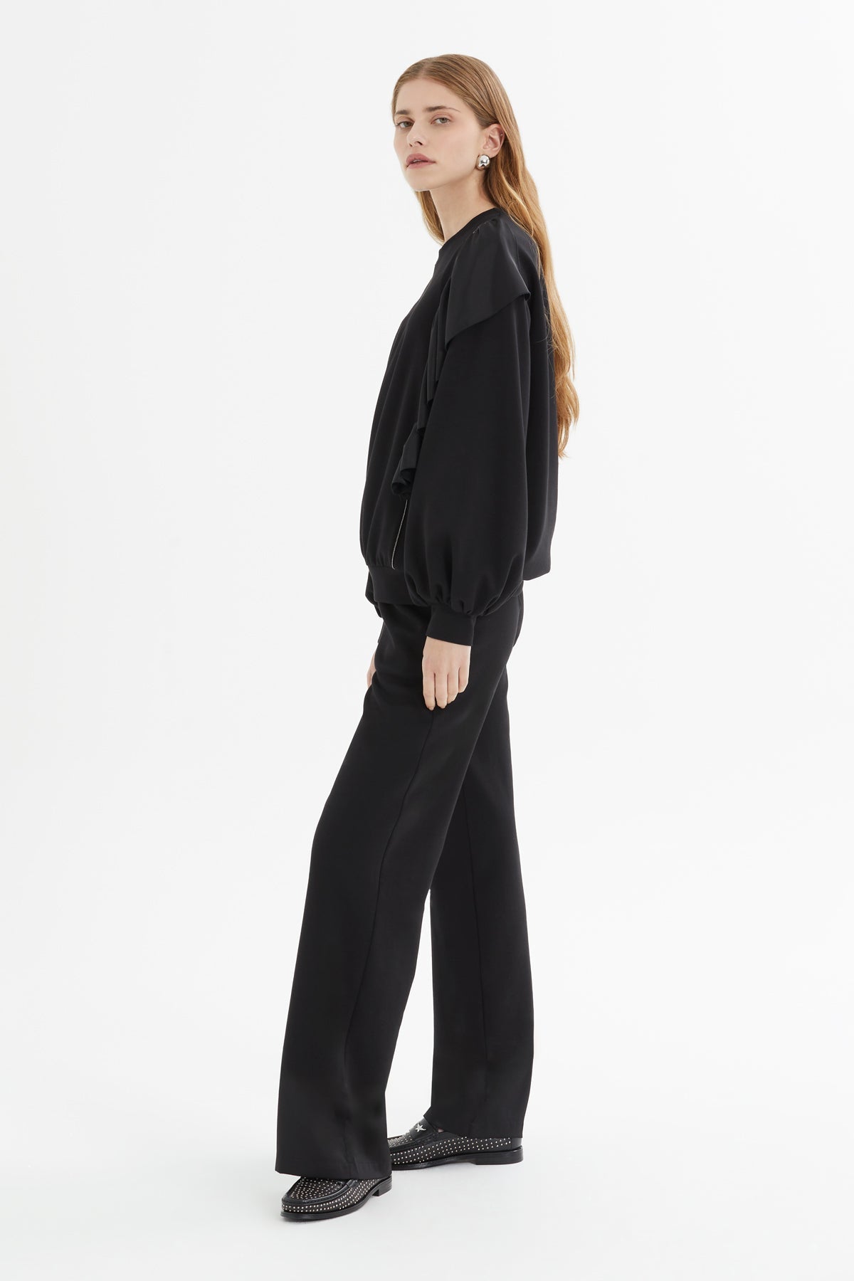Ruffle Sleeve Detail Sweatshirt Pants Set