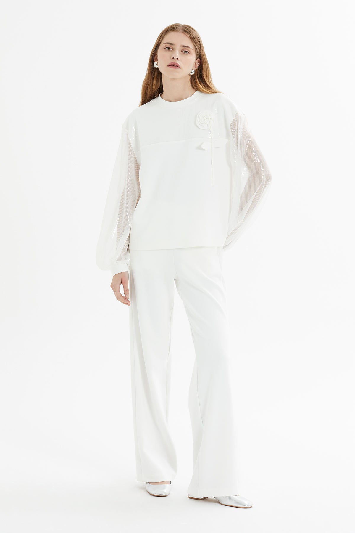 Ecru Sequin-Sleeve Tracksuit