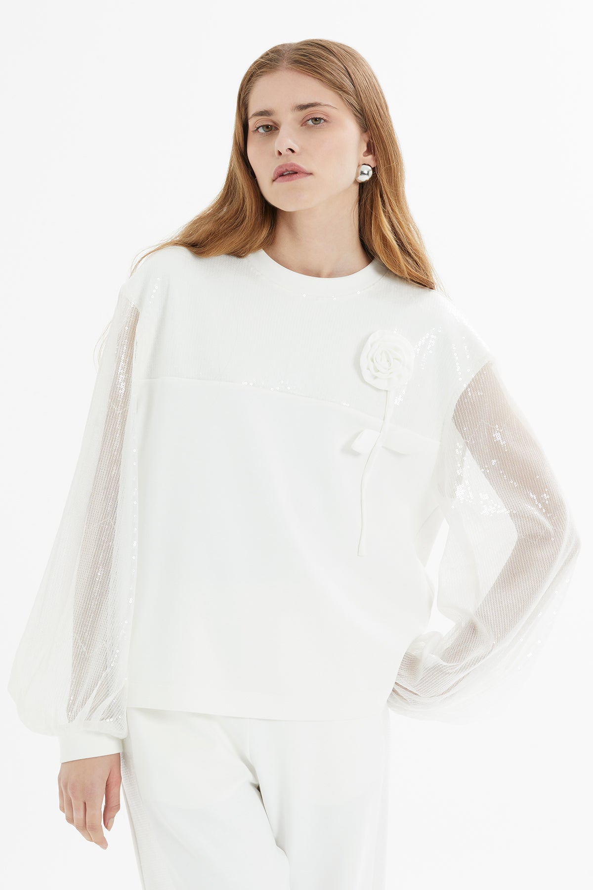 Ecru Sequin-Sleeve Tracksuit