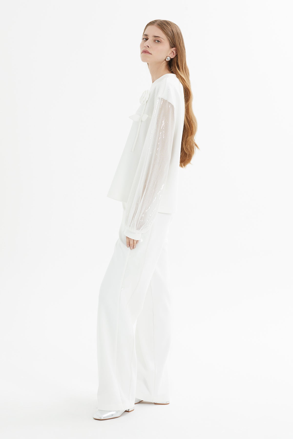 Ecru Sequin-Sleeve Tracksuit