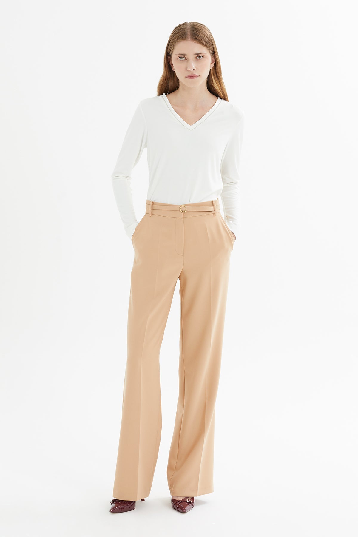 Beige Belted Palazzo Trousers
