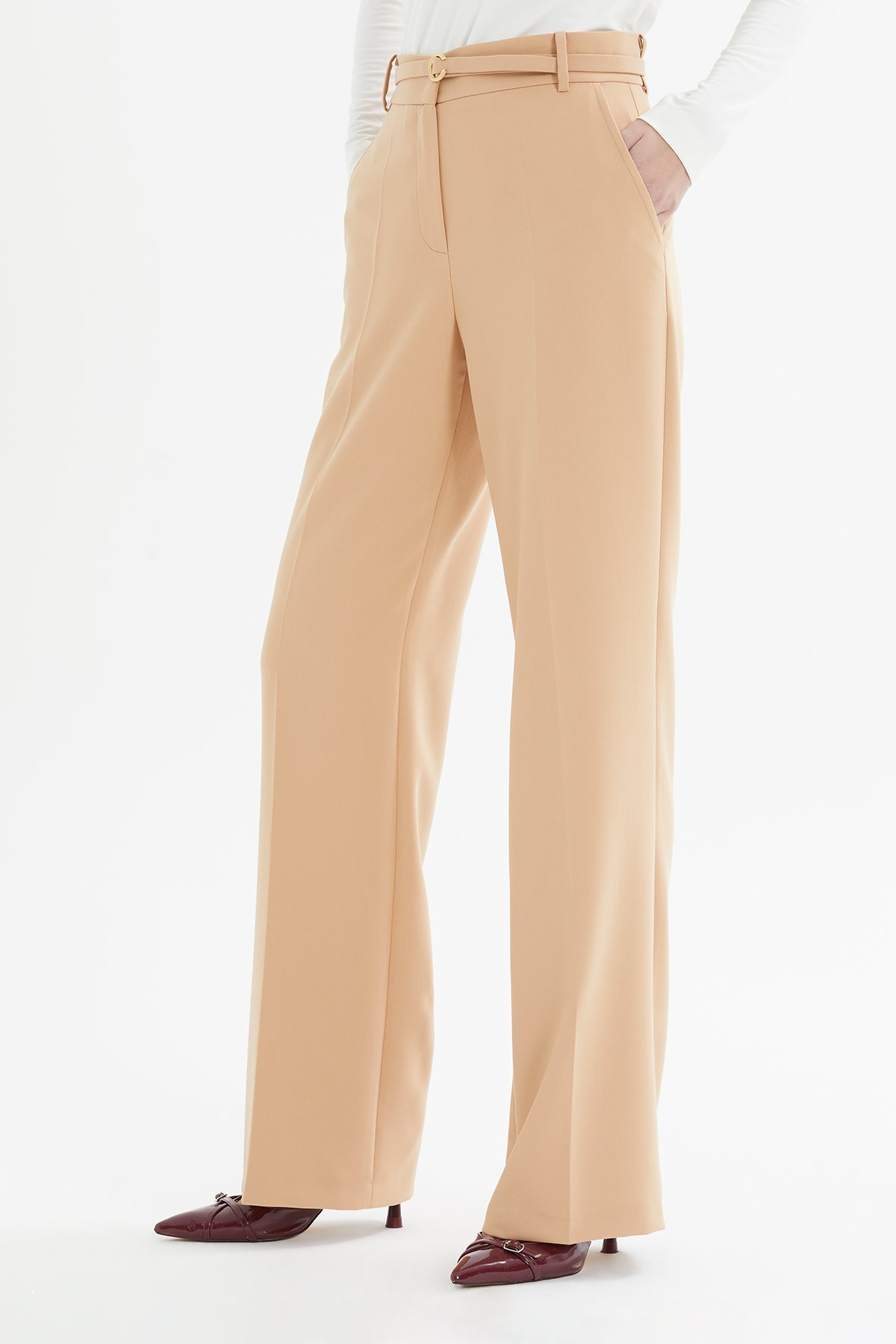 Beige Belted Palazzo Trousers