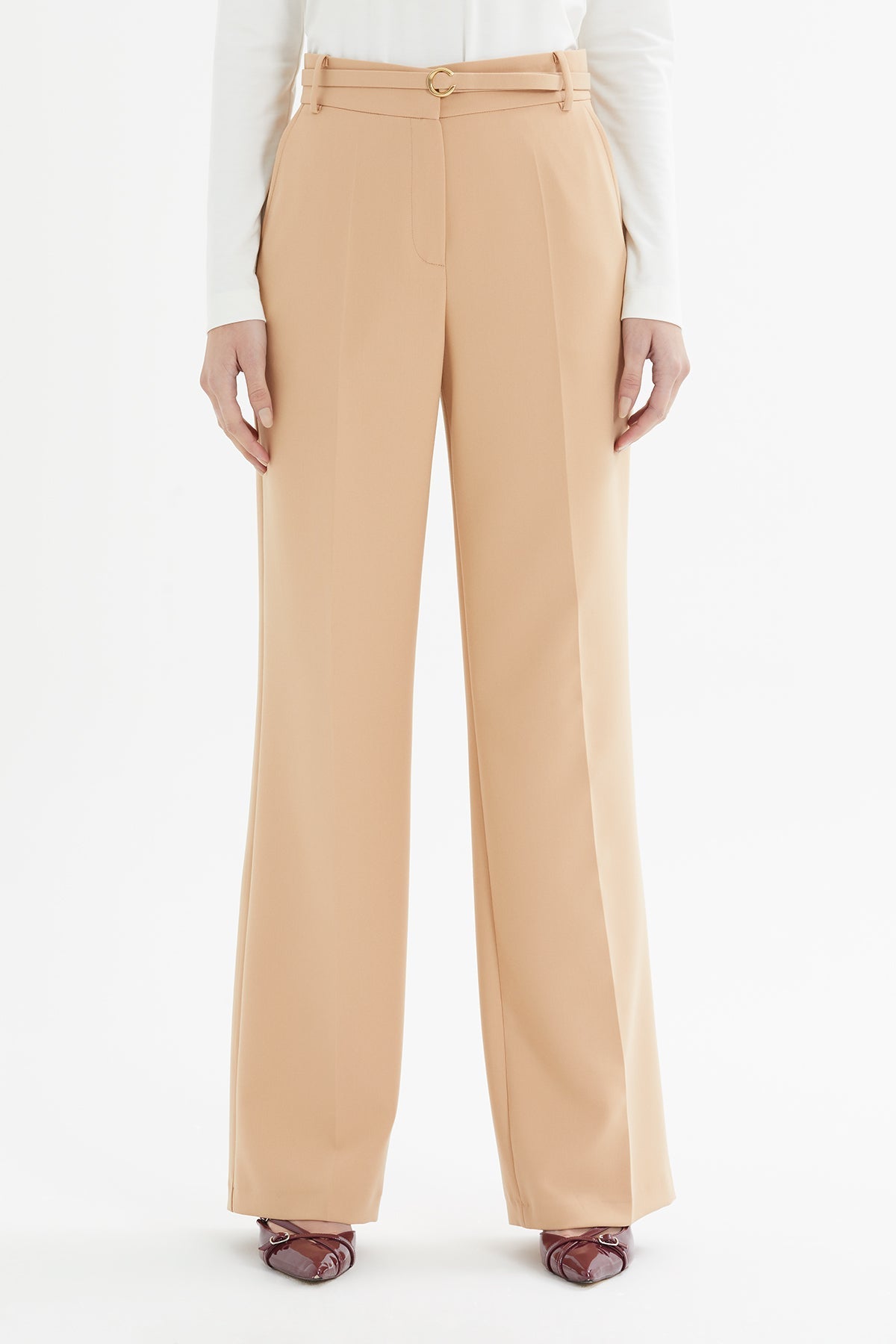 Beige Belted Palazzo Trousers