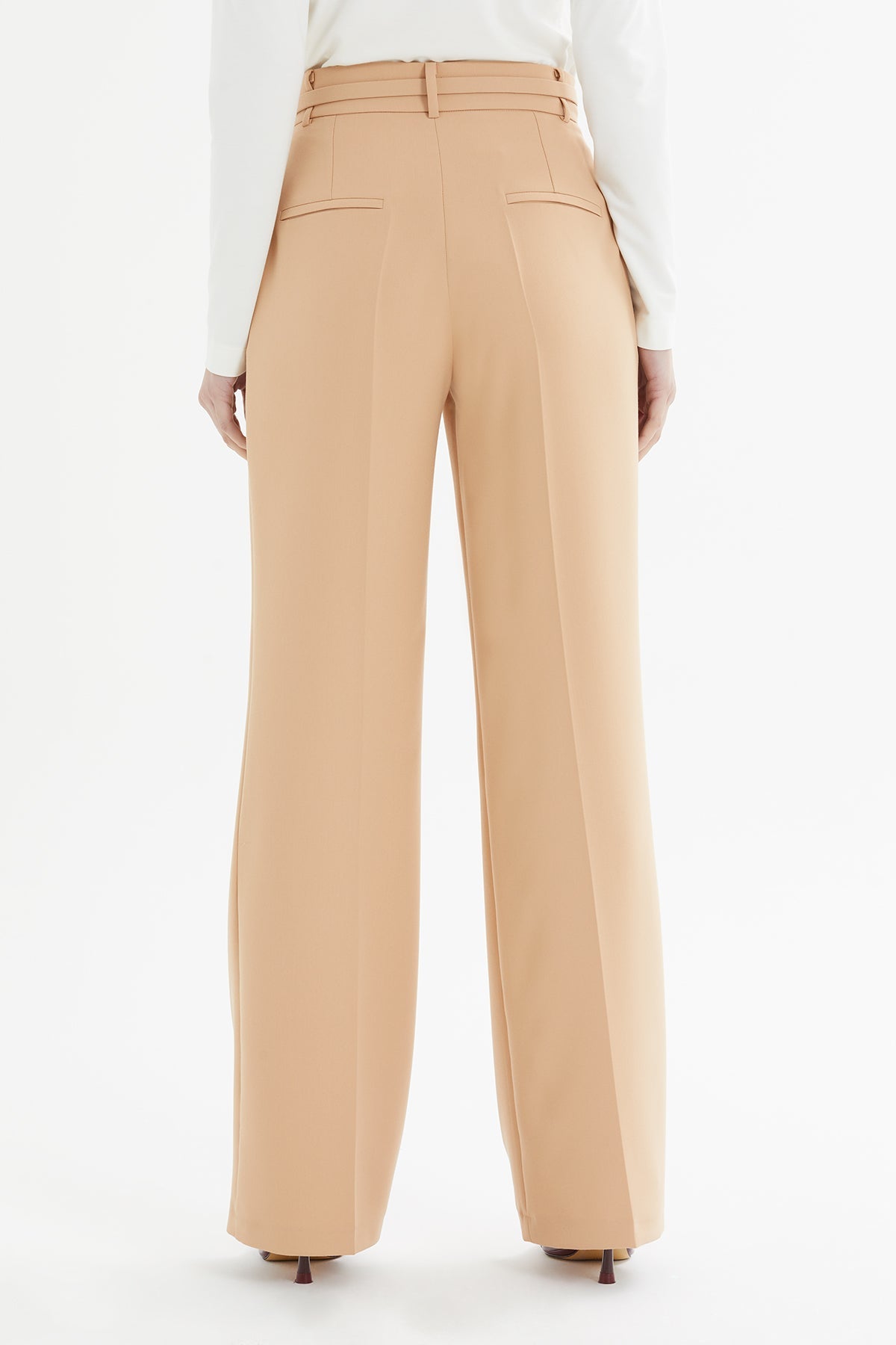 Beige Belted Palazzo Trousers