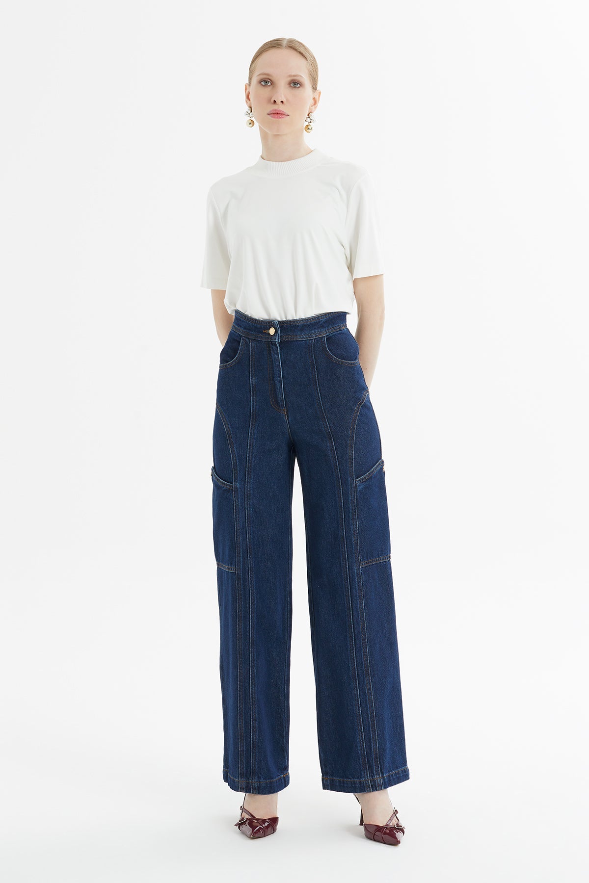 Patchwork Contrast-Stitch Cargo Jeans