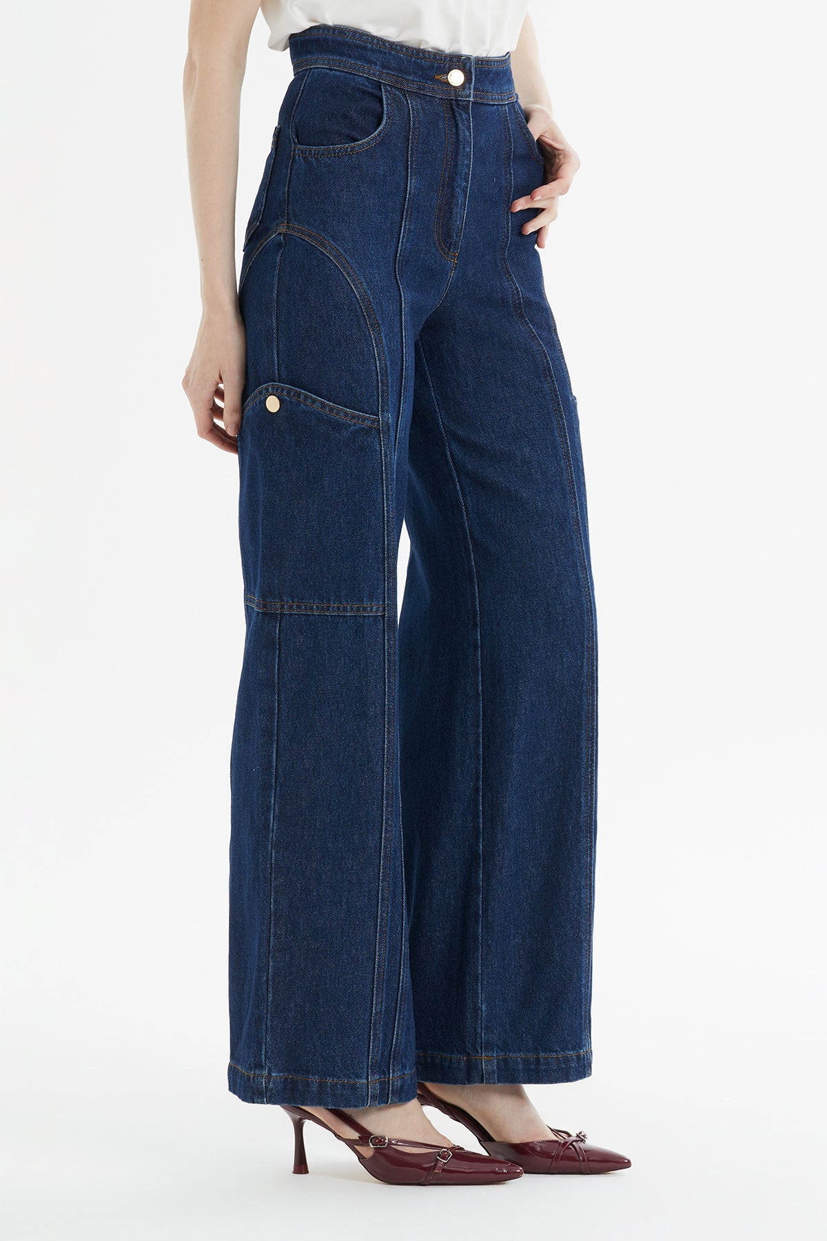 Patchwork Contrast-Stitch Cargo Jeans