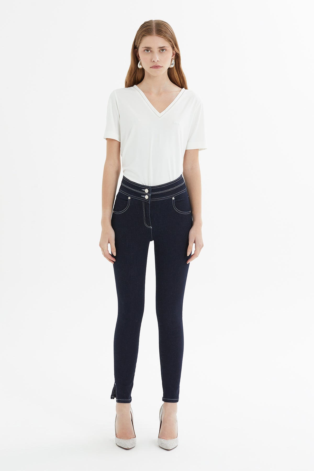 Double-Belt Contrast-Stitch Slim Jeans