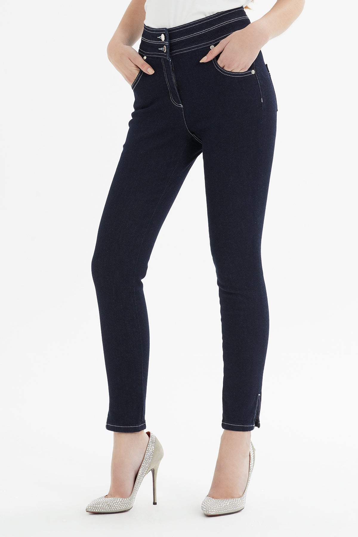 Double-Belt Contrast-Stitch Slim Jeans