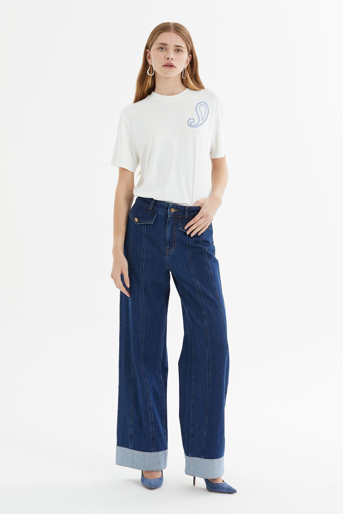 Flap-Pocket Belt-Loop Wide Jeans
