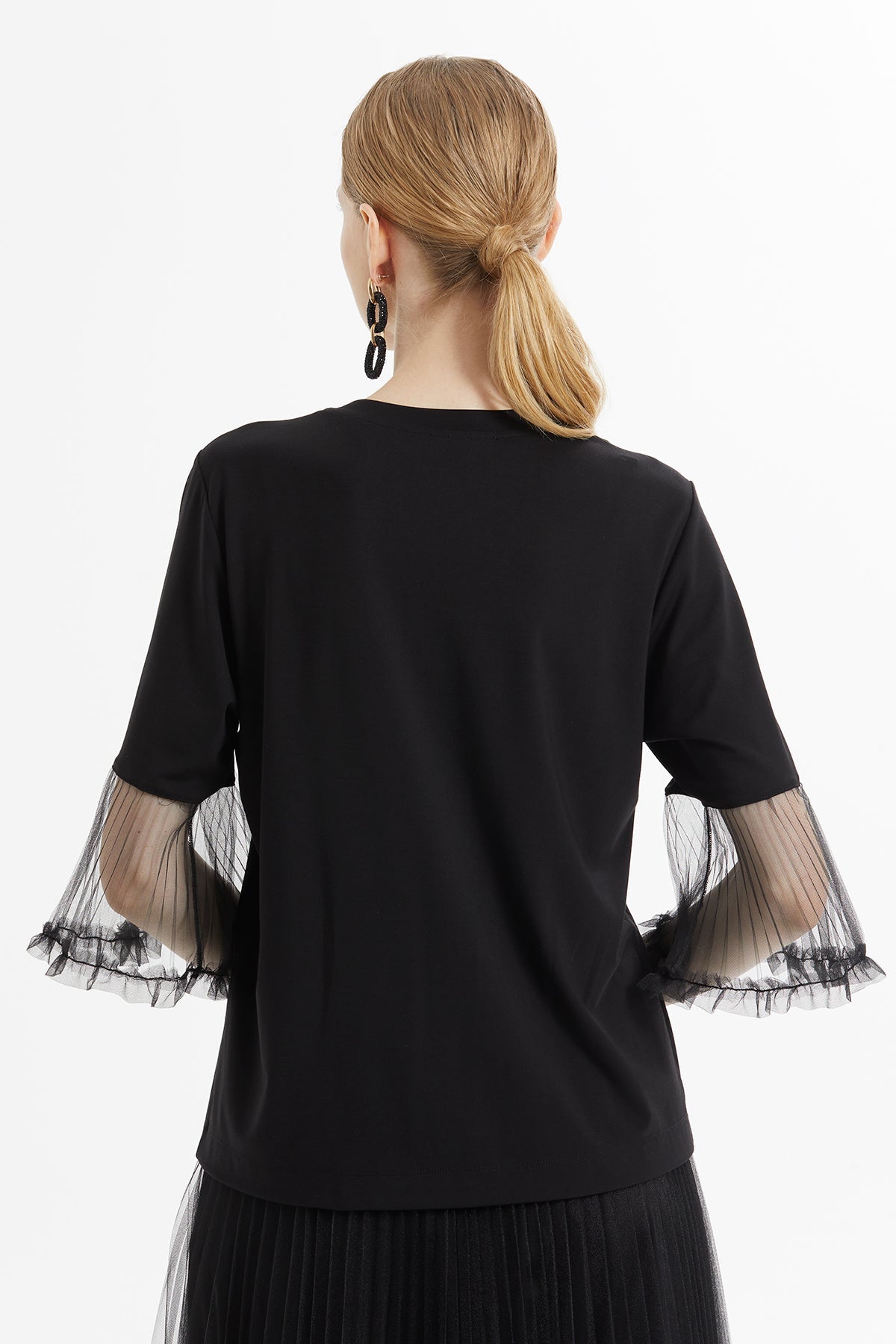 Black Tulle Ruffle Sleeve Blouse