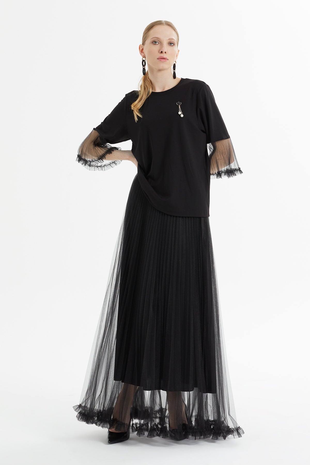 Black Tulle Ruffle Sleeve Blouse