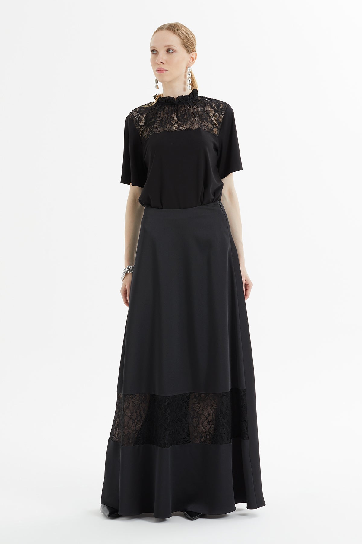 Black Lace-Detail Maxi Skirt
