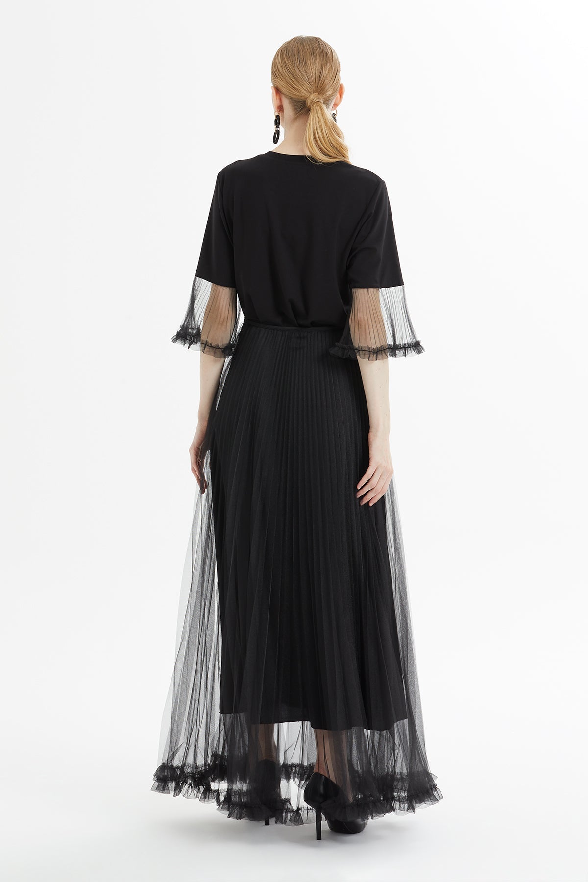Black Tulle-Detail Midi Skirt