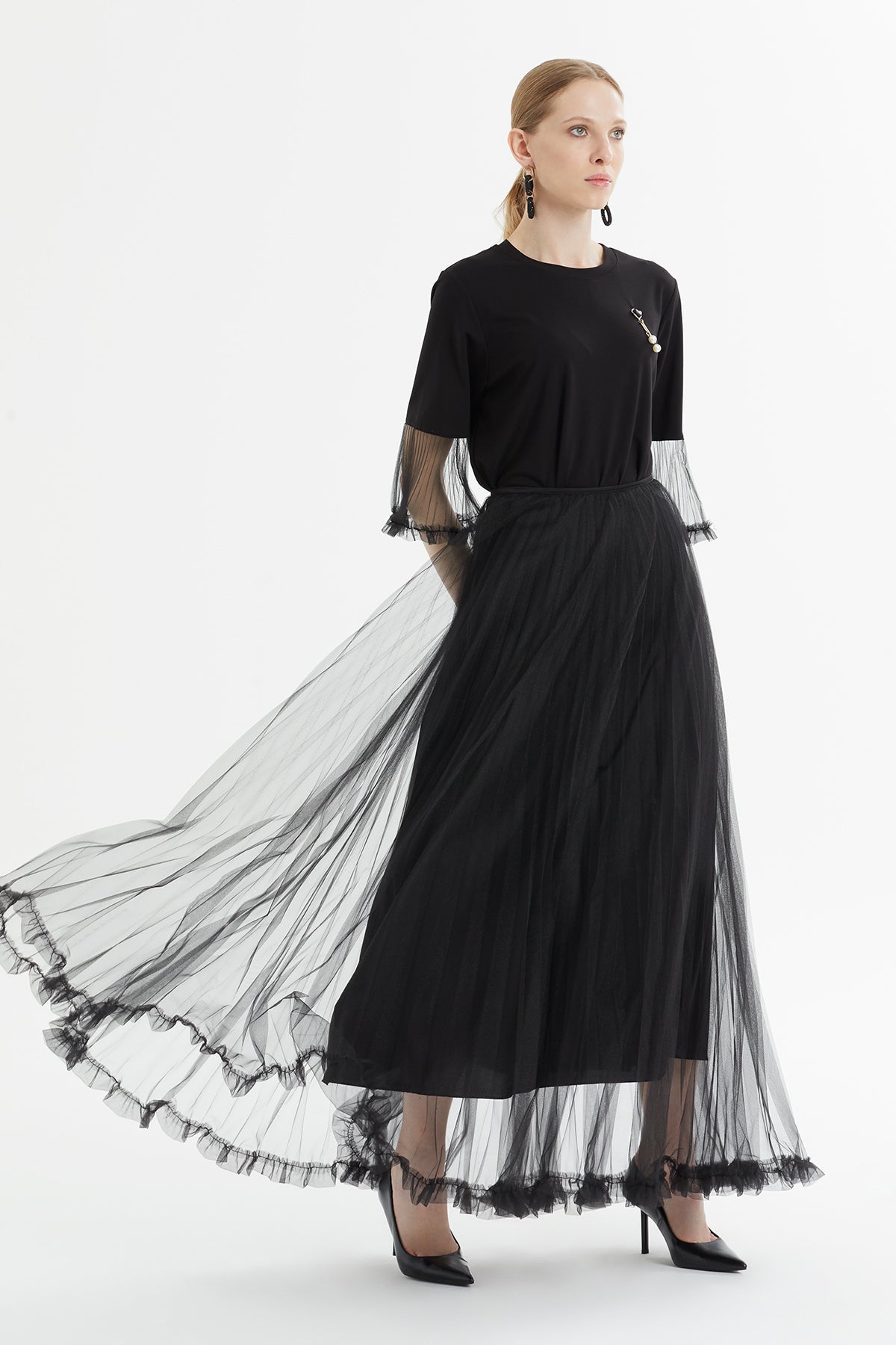 Black Tulle-Detail Midi Skirt