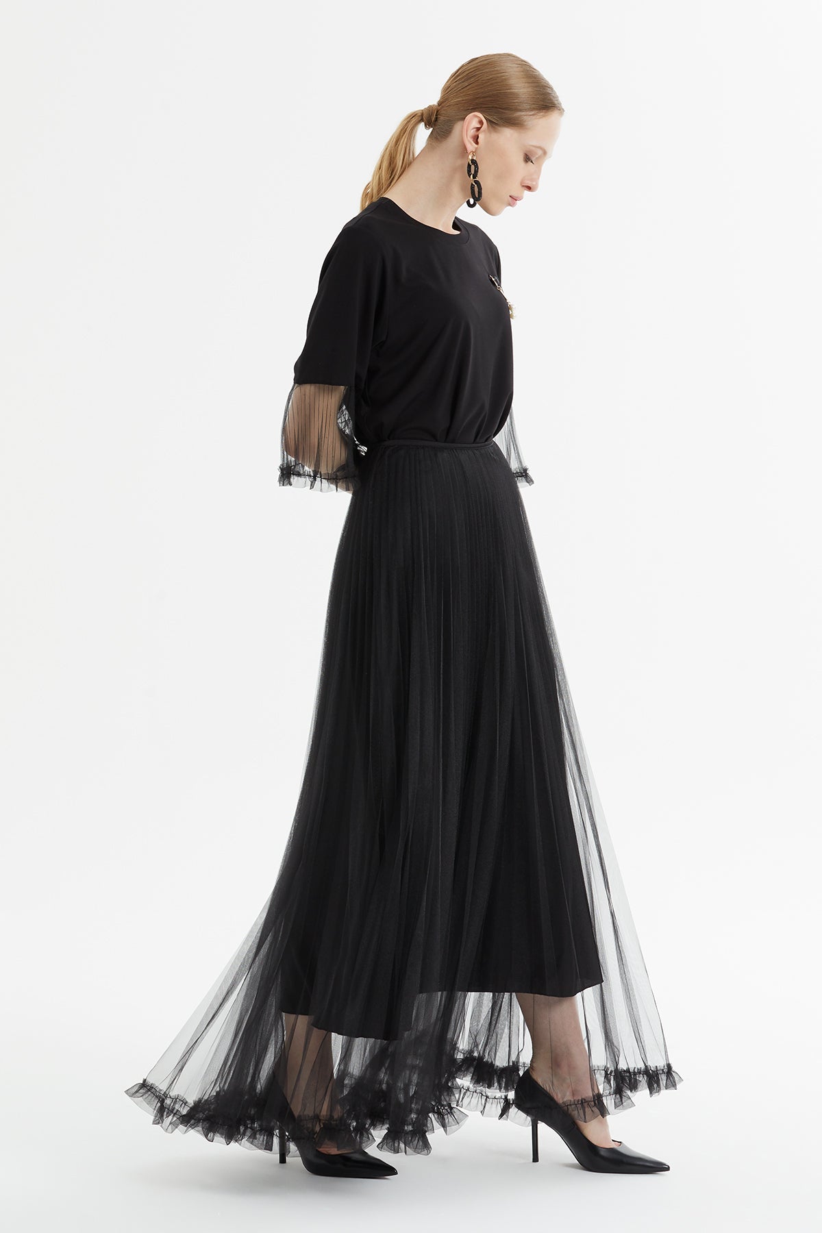 Black Tulle-Detail Midi Skirt