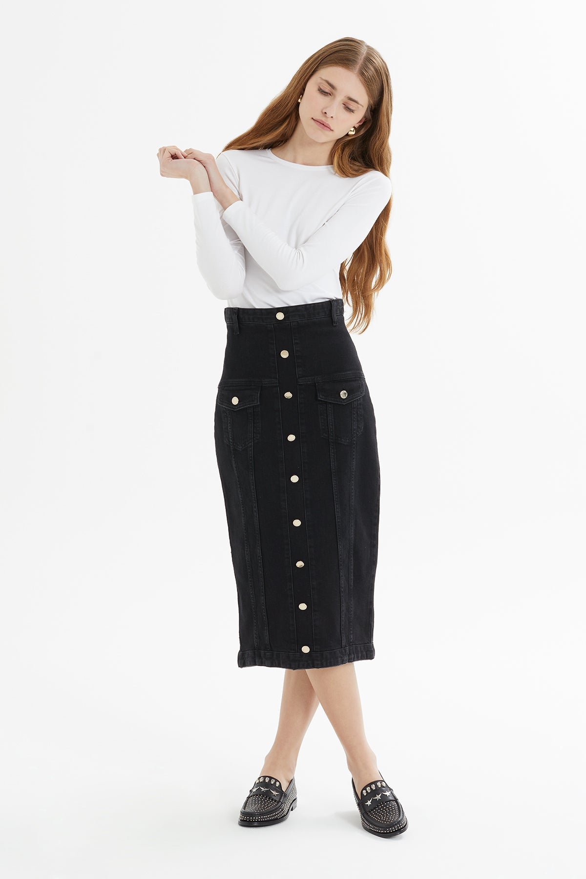 Black Button-Front Midi Denim Skirt