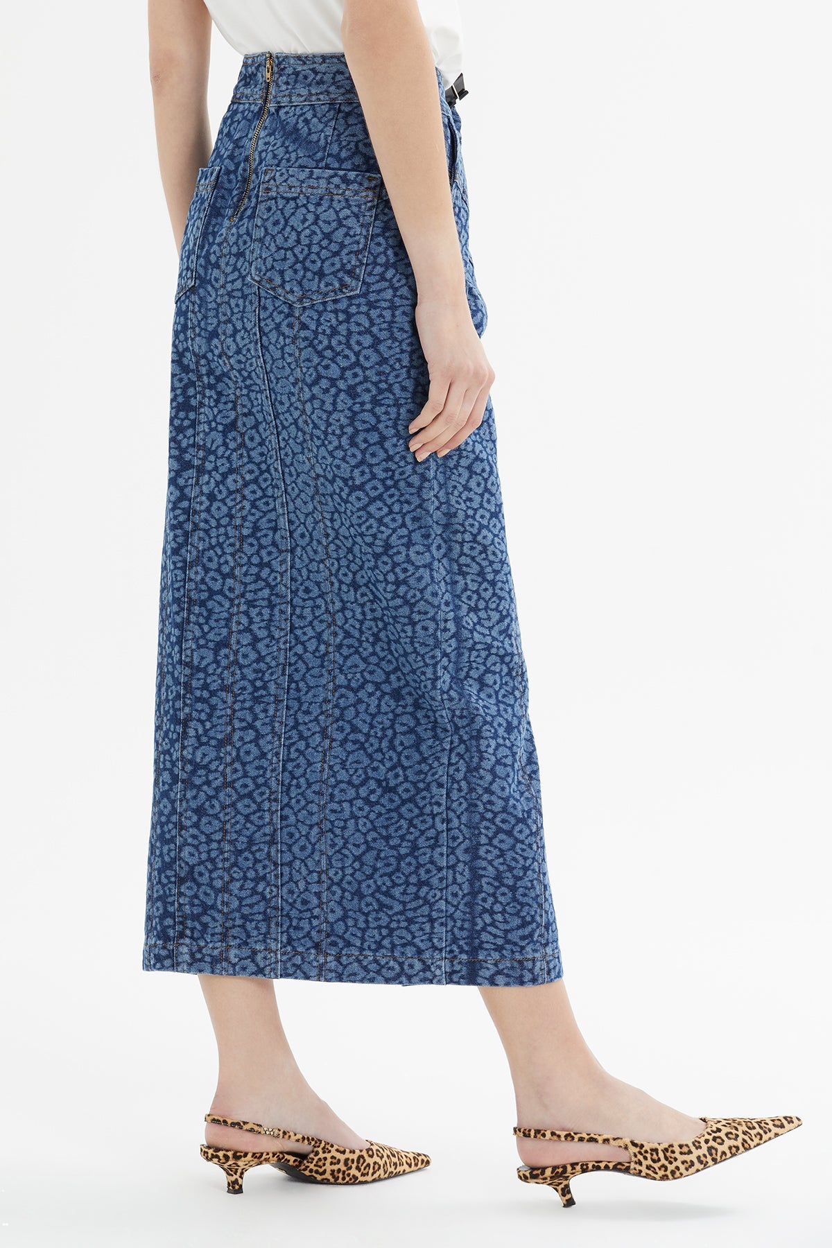 Blue Patterned Slit-Detail Midi Denim Skirt