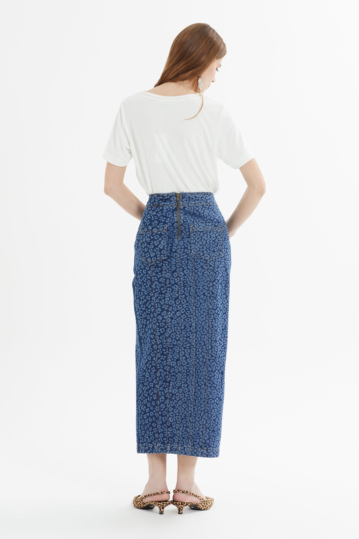 Blue Patterned Slit-Detail Midi Denim Skirt