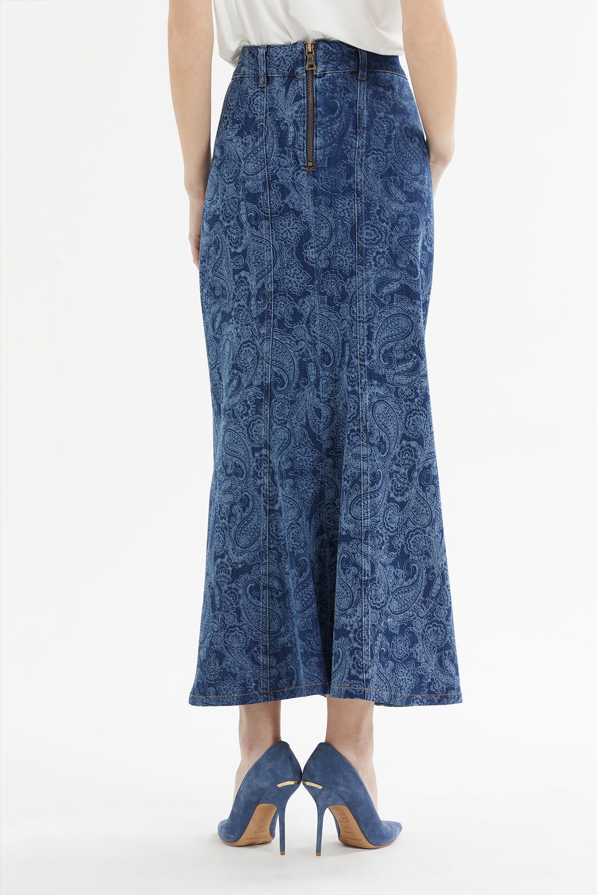 Blue Pocketed Midi Denim Skirt