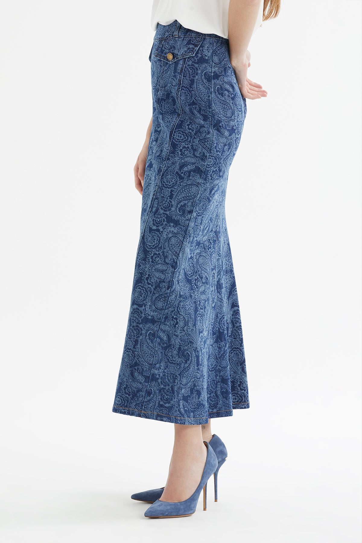 Blue Pocketed Midi Denim Skirt