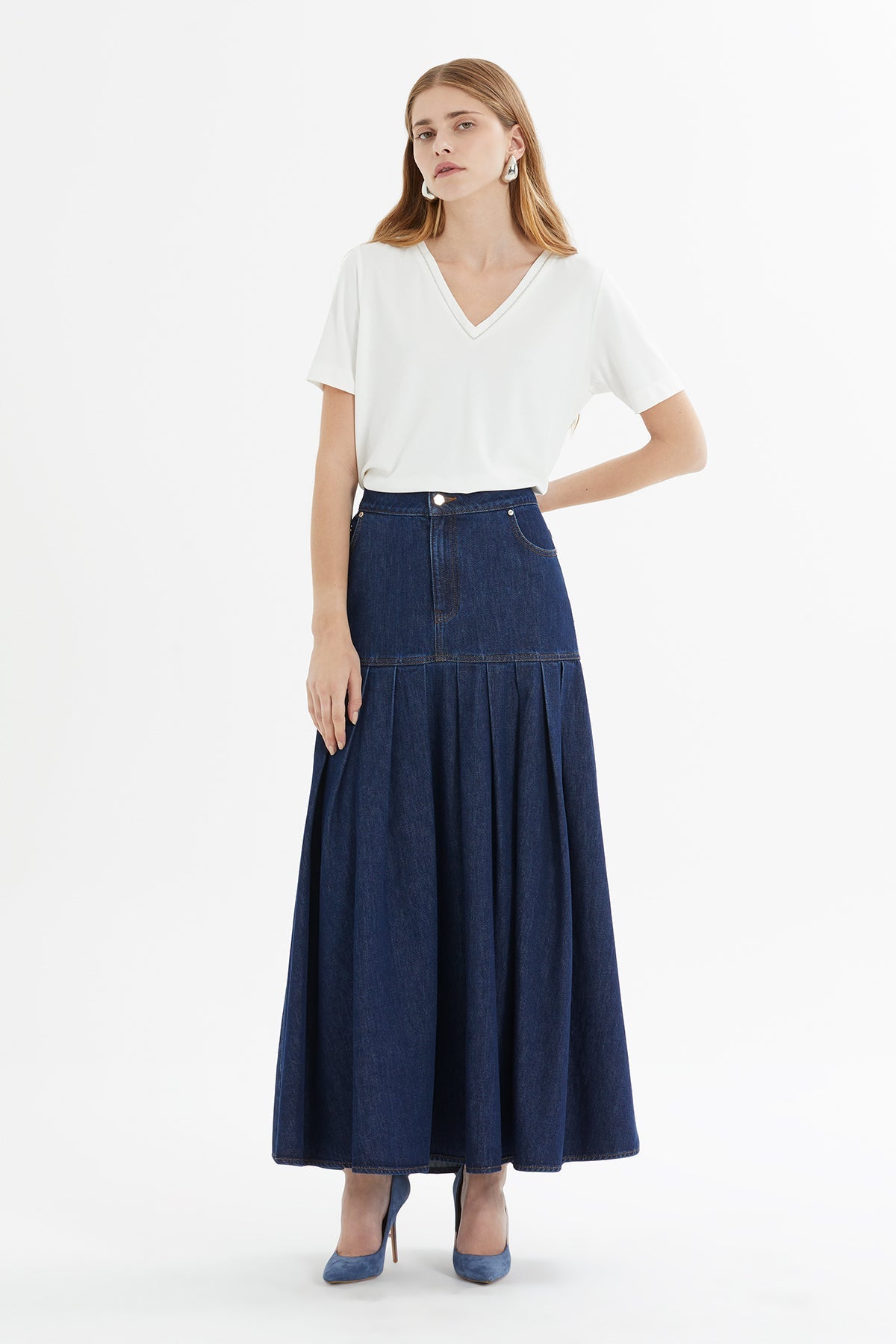 Navy Pleated Maxi Denim Skirt