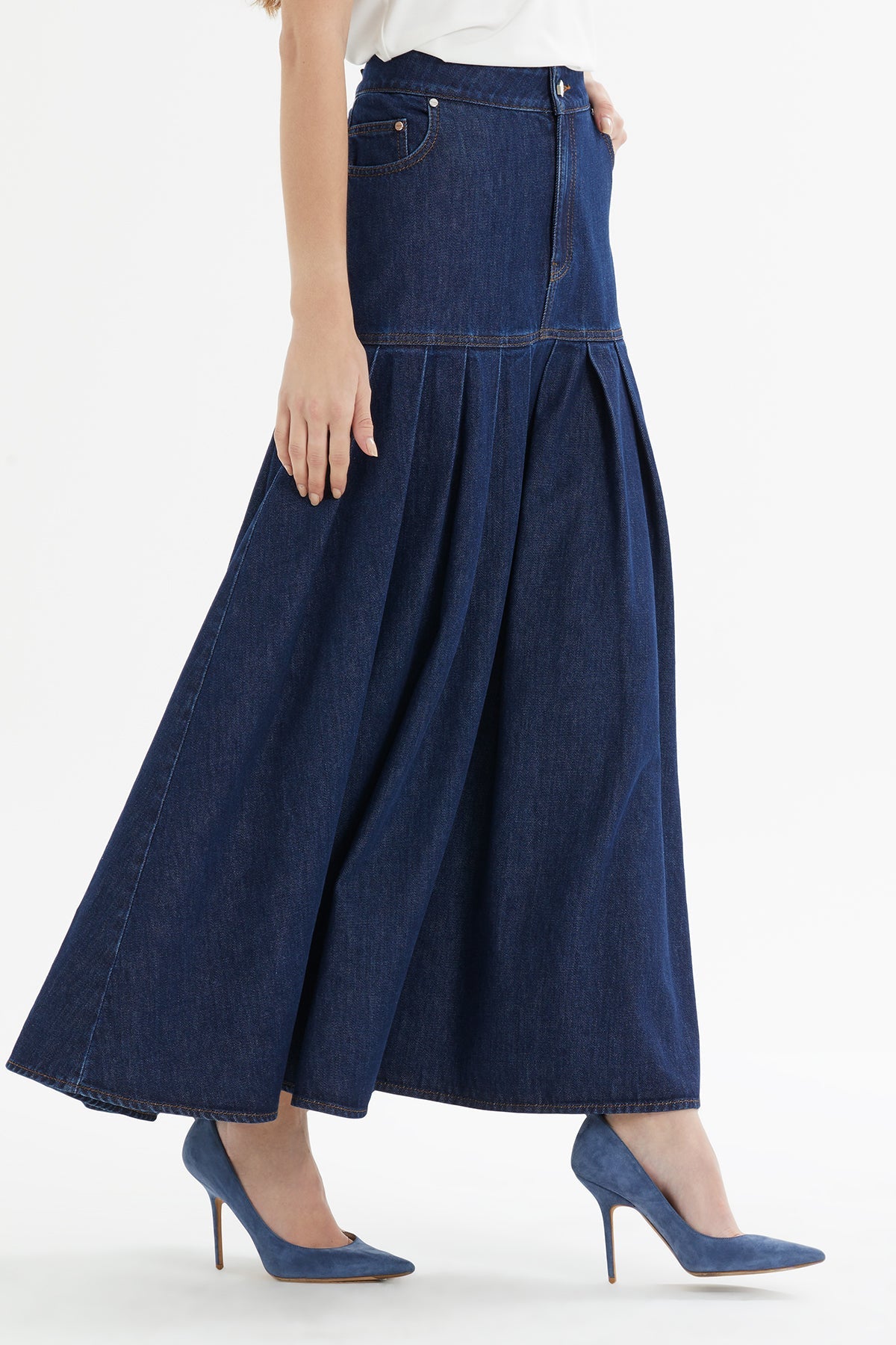 Navy Pleated Maxi Denim Skirt
