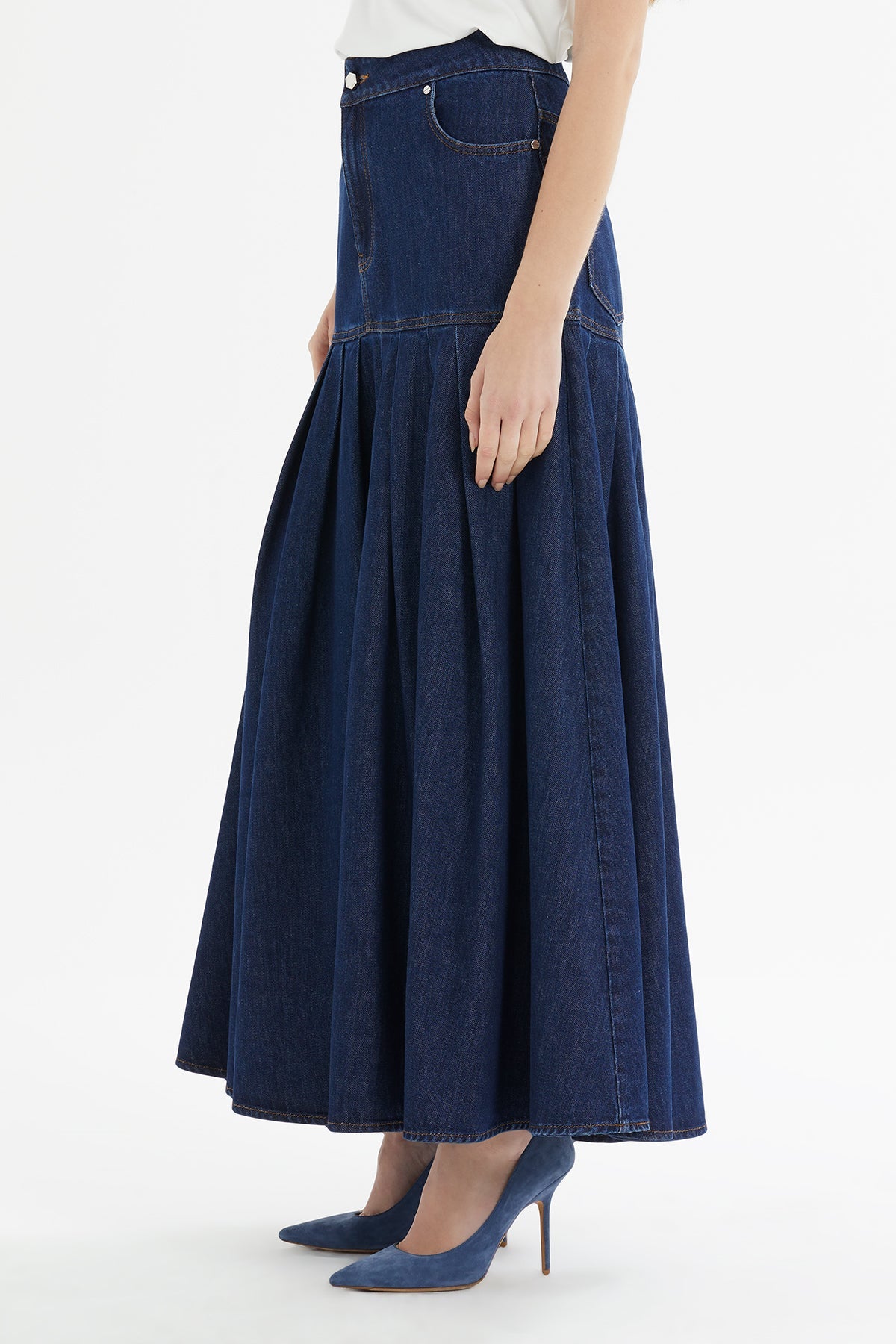 Navy Pleated Maxi Denim Skirt