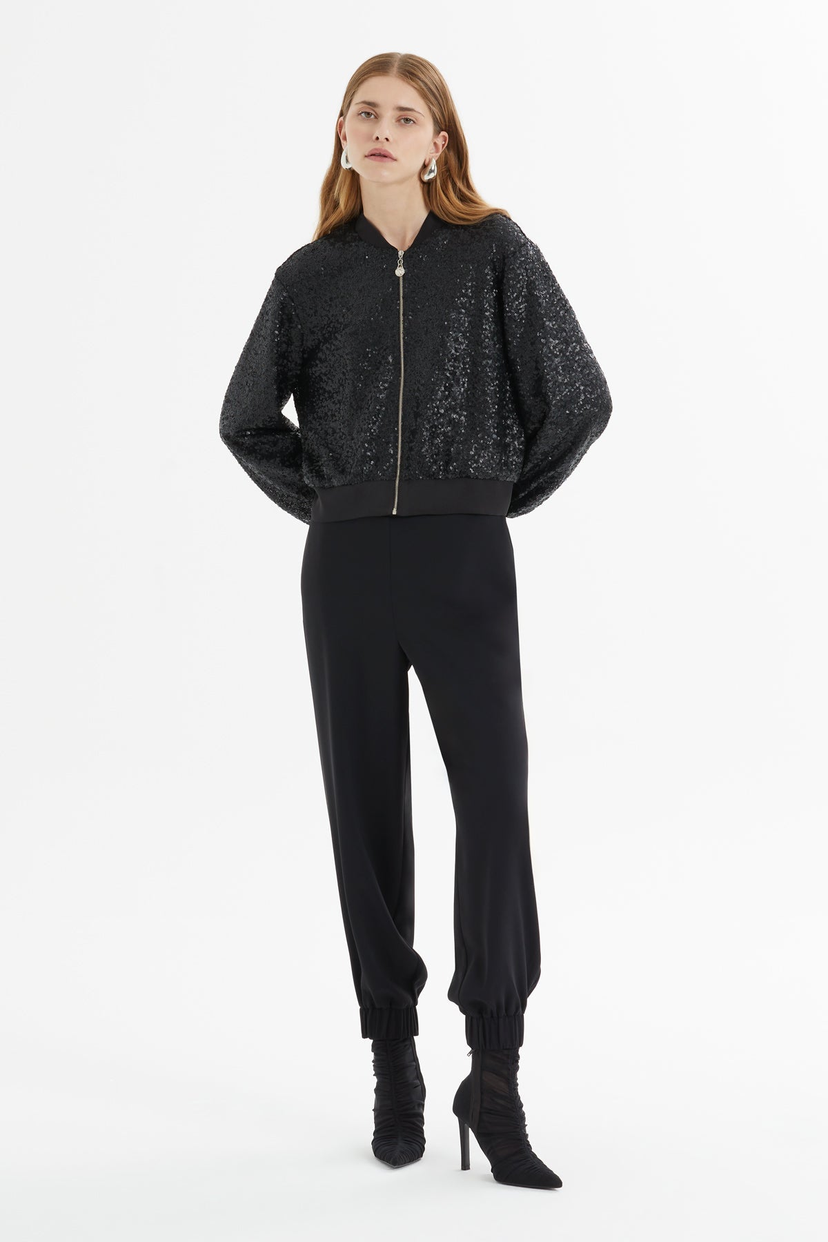 Front Metal Zipper Sequin Bomber Jacket