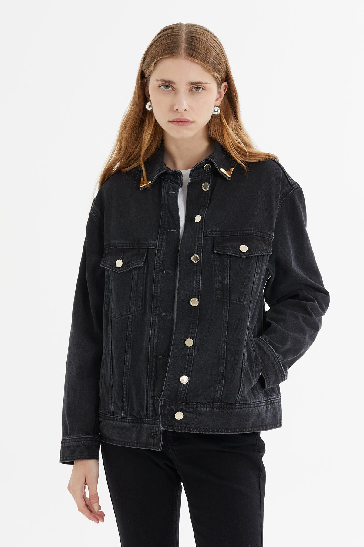 Collar-Accessory Oversize Denim Jacket